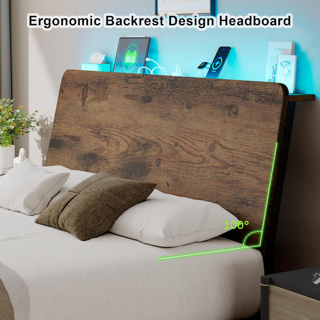 Feonase Bed Frame with Ergonomic Storage Headboard & Charging Station