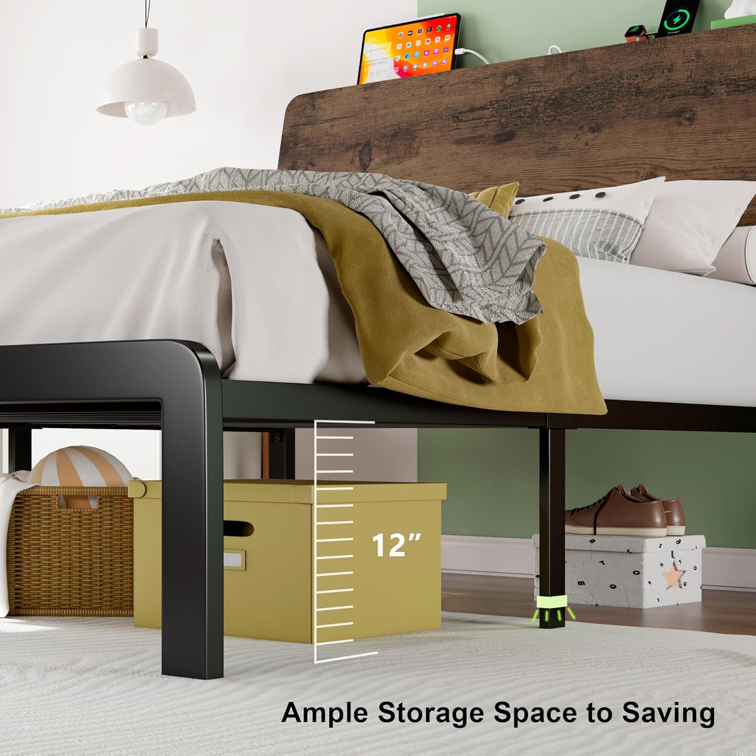Feonase Bed Frame with Ergonomic Storage Headboard & Charging Station