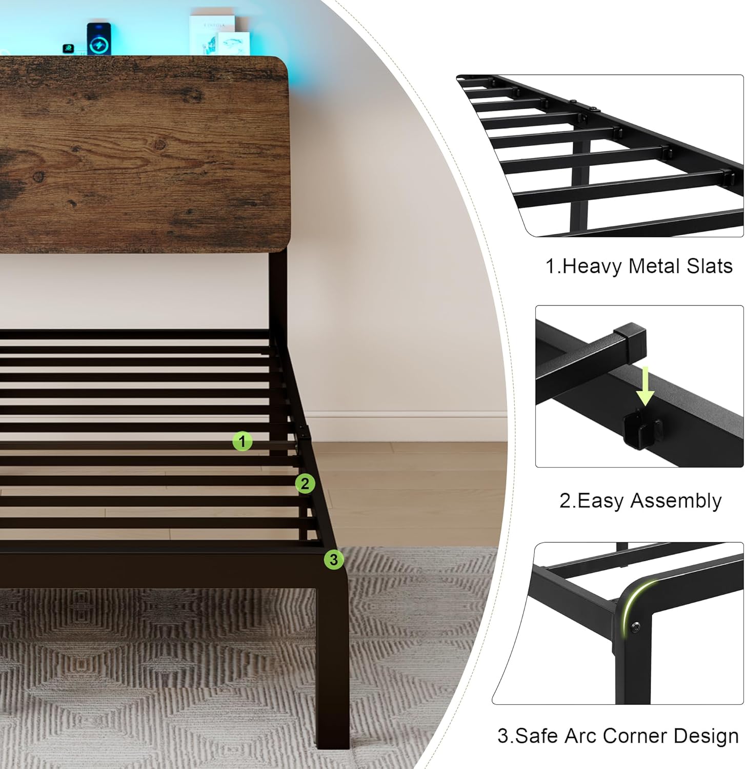 Feonase Bed Frame with Ergonomic Storage Headboard & Charging Station
