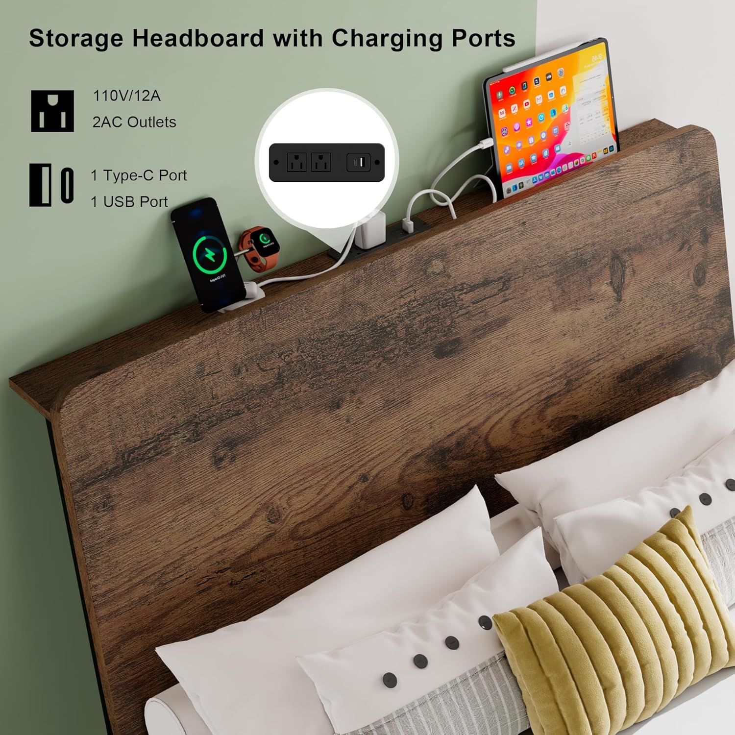 Feonase Bed Frame with Ergonomic Storage Headboard & Charging Station