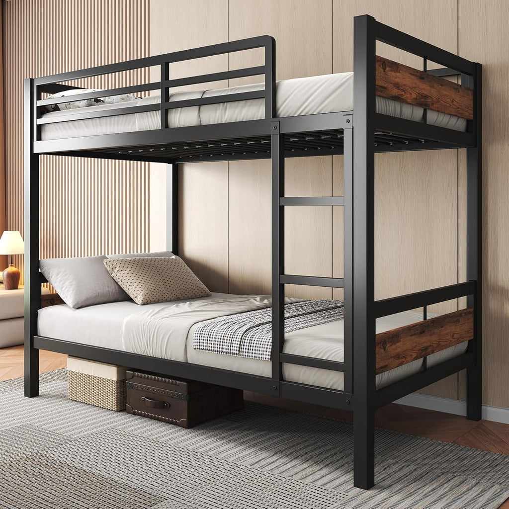 Feonase Metal Bunk Bed Twin Over Twin with Ladder and High Guardrail