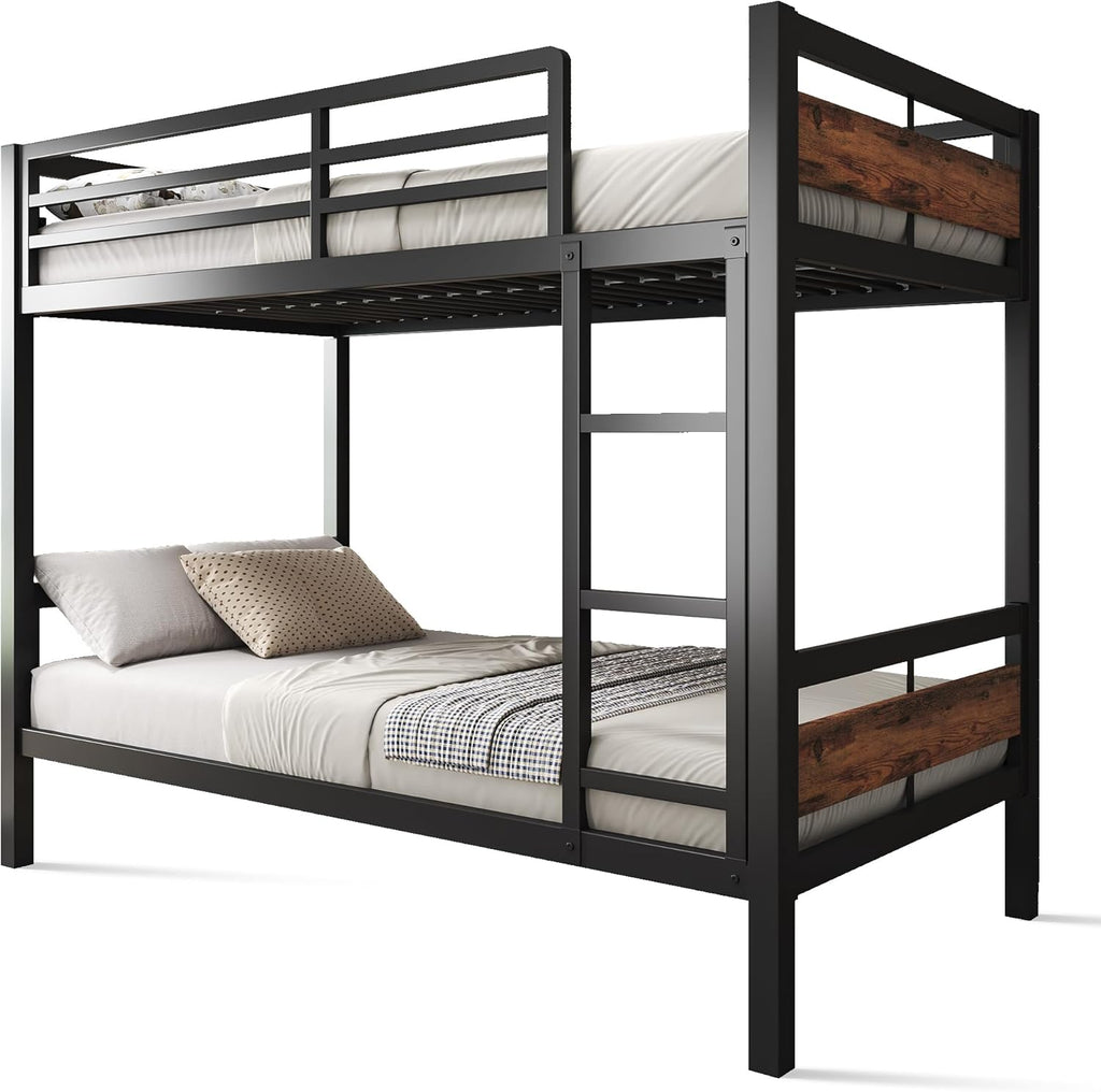 Feonase Metal Bunk Bed Twin Over Twin with Ladder and High Guardrail