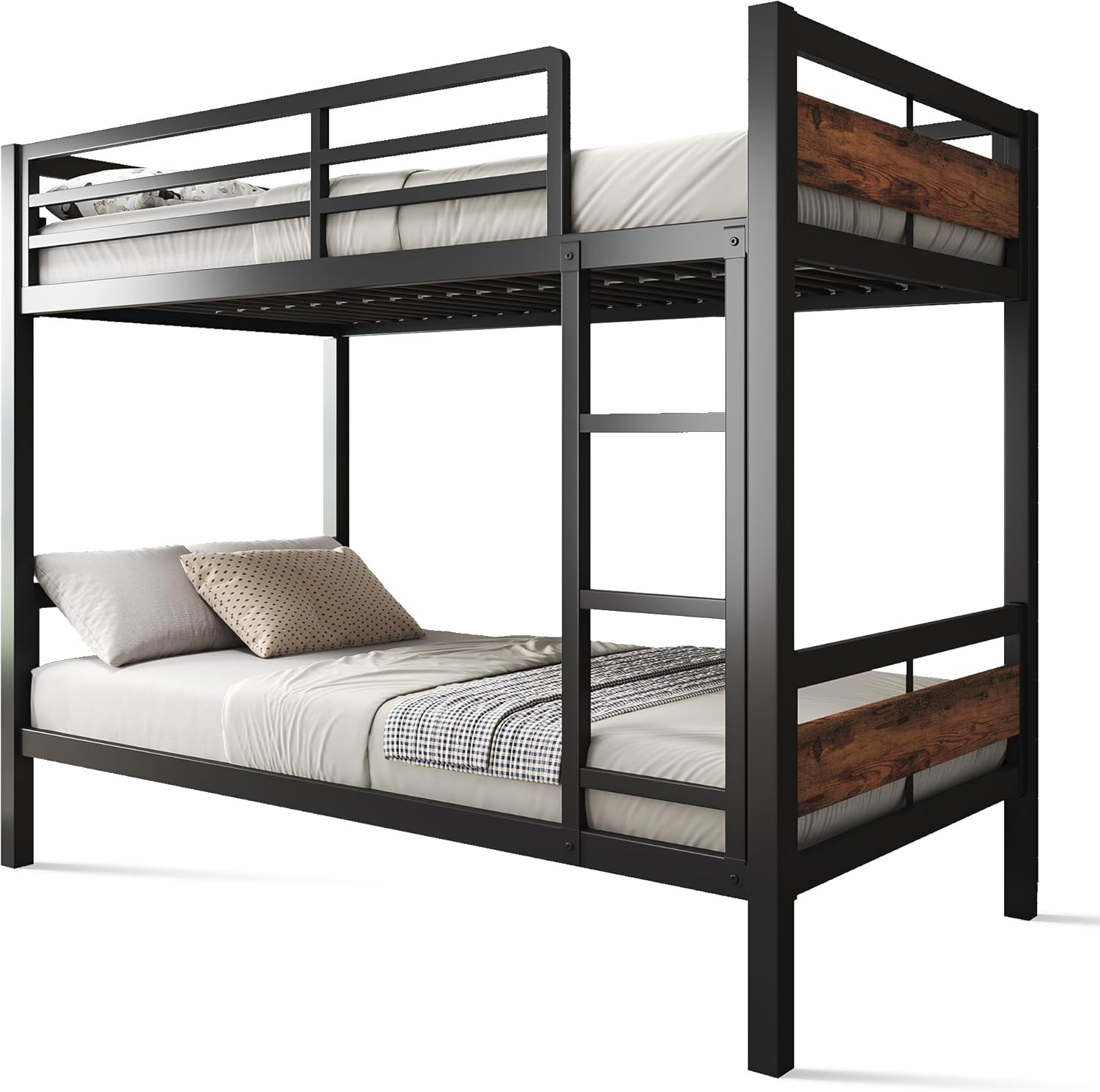 Feonase Metal Bunk Bed Twin Over Twin with Ladder and High Guardrail