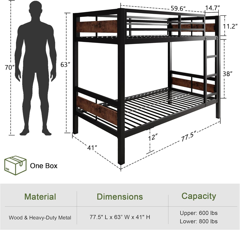 Feonase Metal Bunk Bed Twin Over Twin with Ladder and High Guardrail