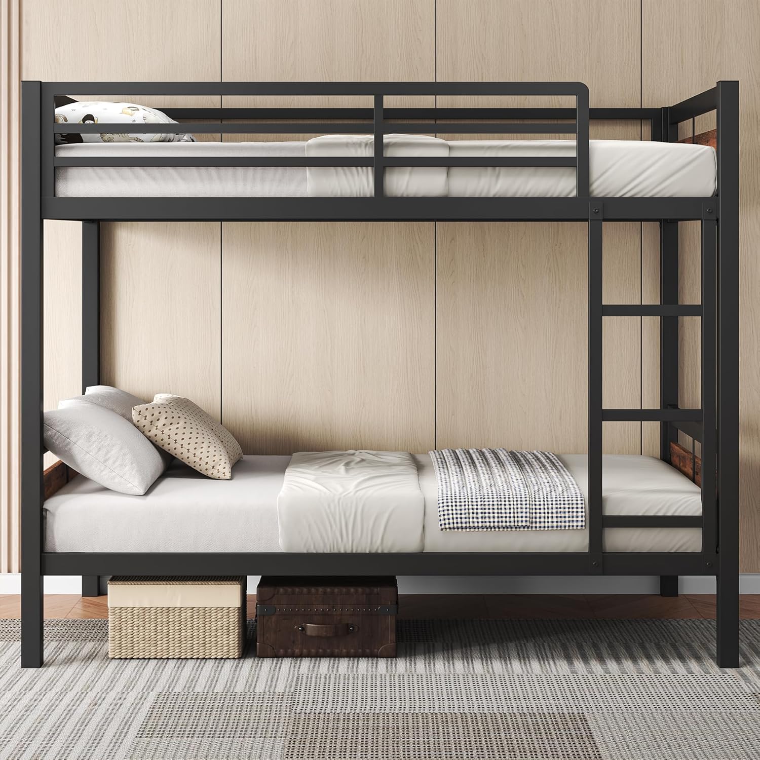 Feonase Metal Bunk Bed Twin Over Twin with Ladder and High Guardrail