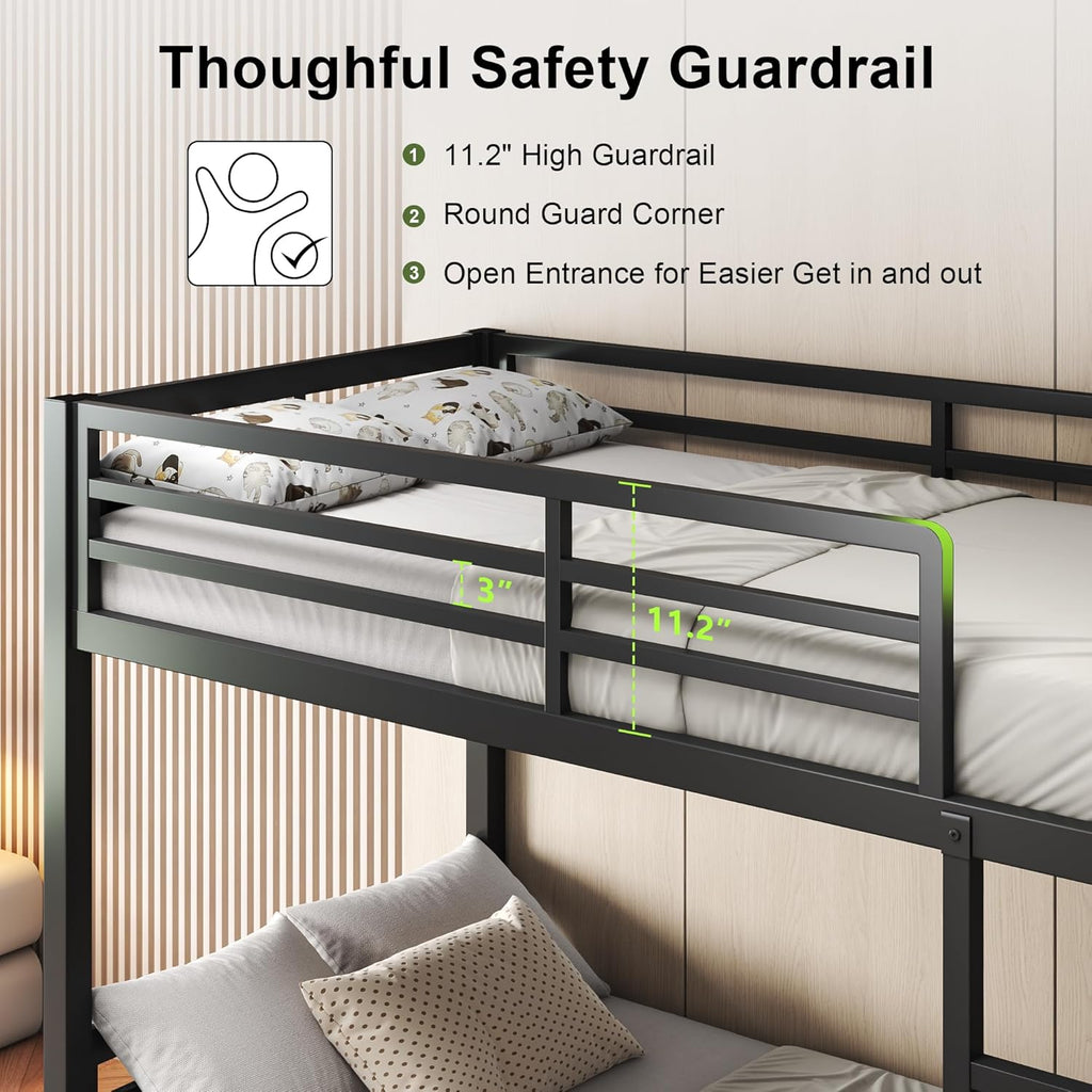 Feonase Metal Bunk Bed Twin Over Twin with Ladder and High Guardrail