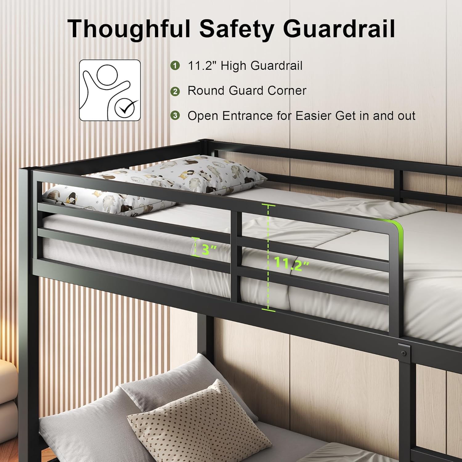 Feonase Metal Bunk Bed Twin Over Twin with Ladder and High Guardrail