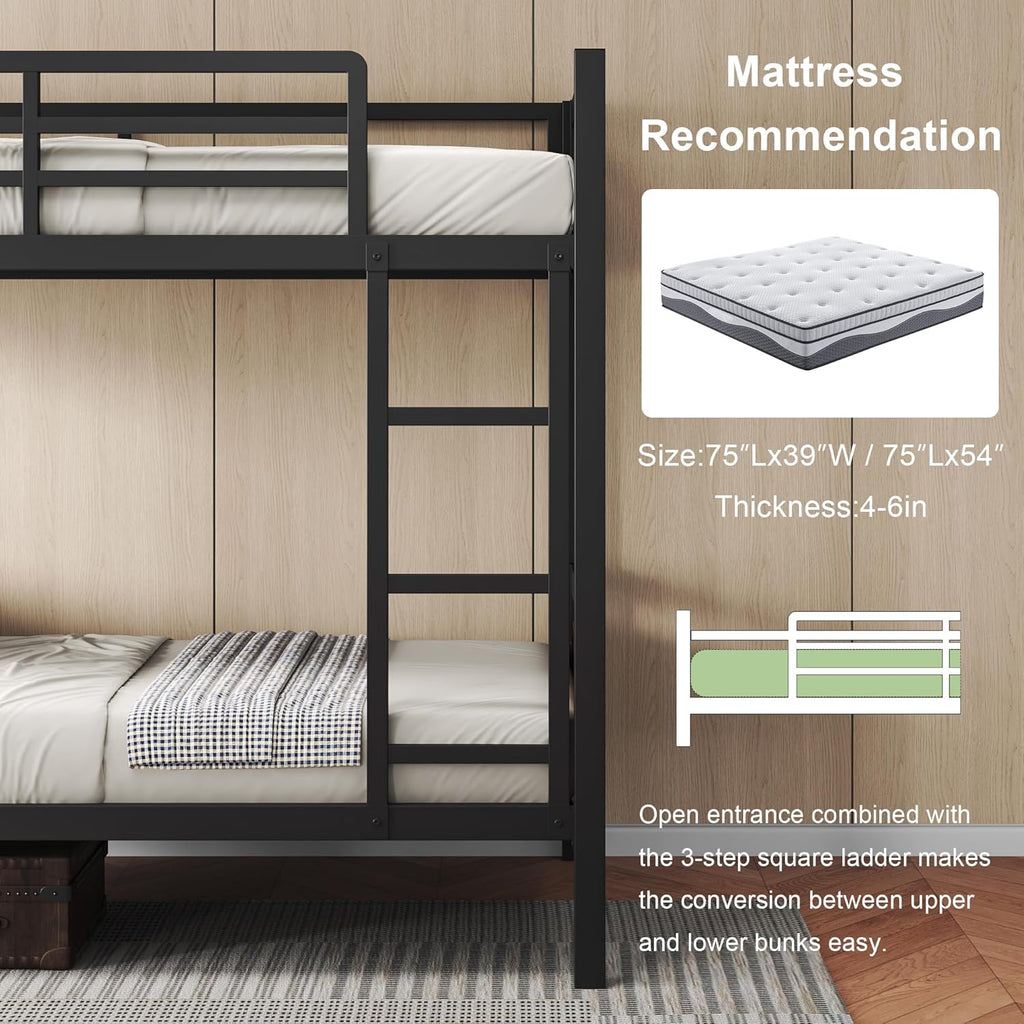 Feonase Metal Bunk Bed Twin Over Twin with Ladder and High Guardrail