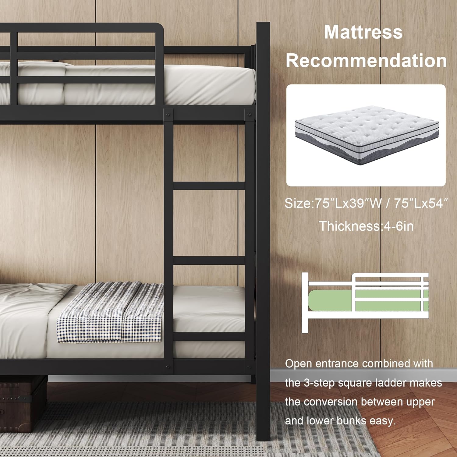 Feonase Metal Bunk Bed Twin Over Twin with Ladder and High Guardrail