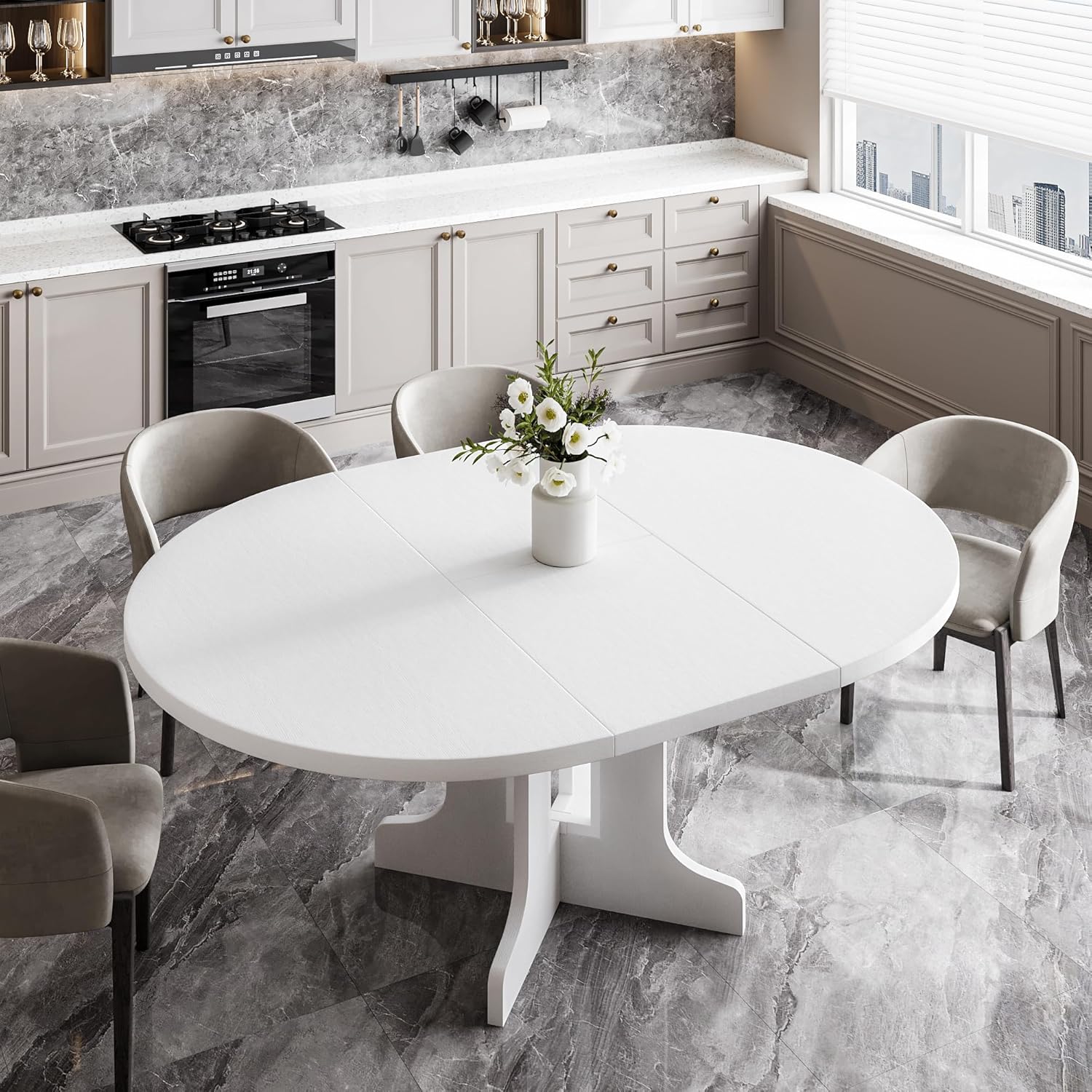 Feonase 59" Round Extendable Dining Room Table for 6