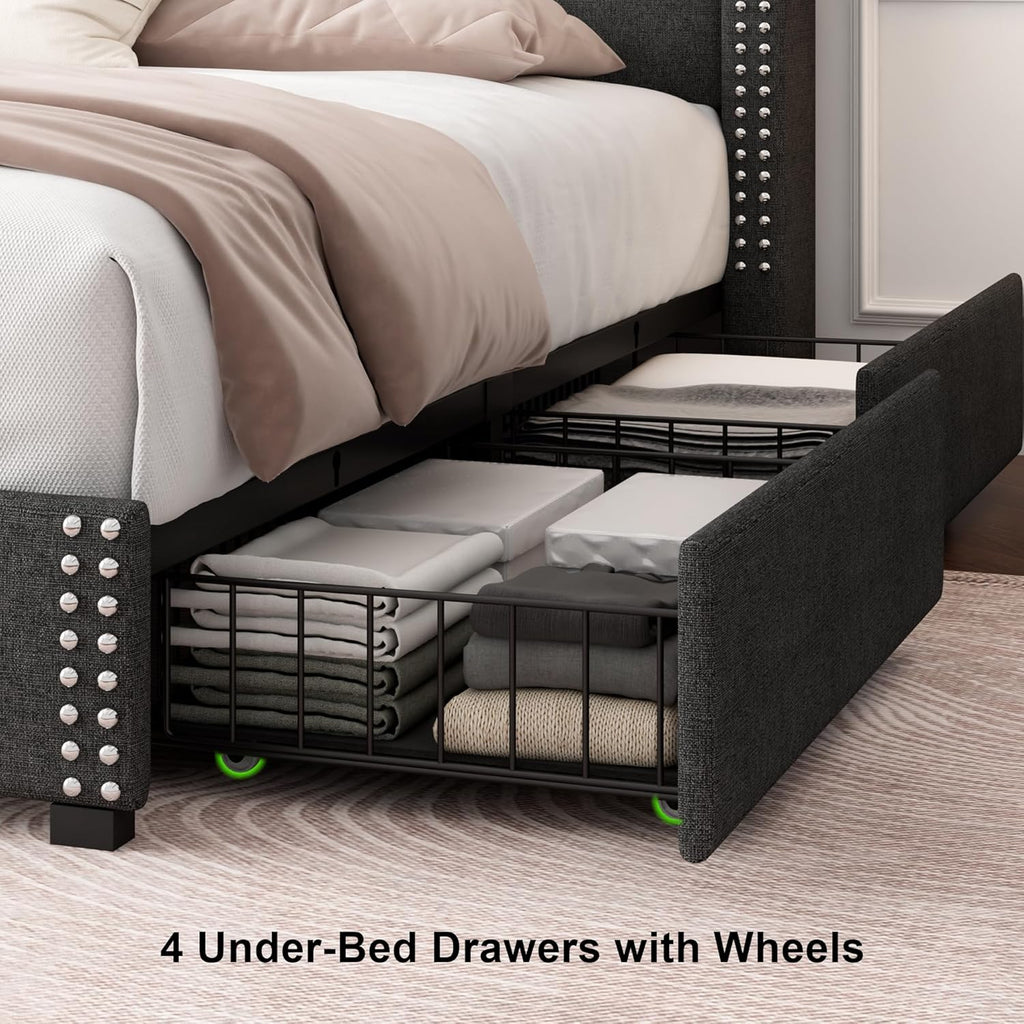 Feonase Platform Bed Frame with 4 Storage Drawers and Charging Station