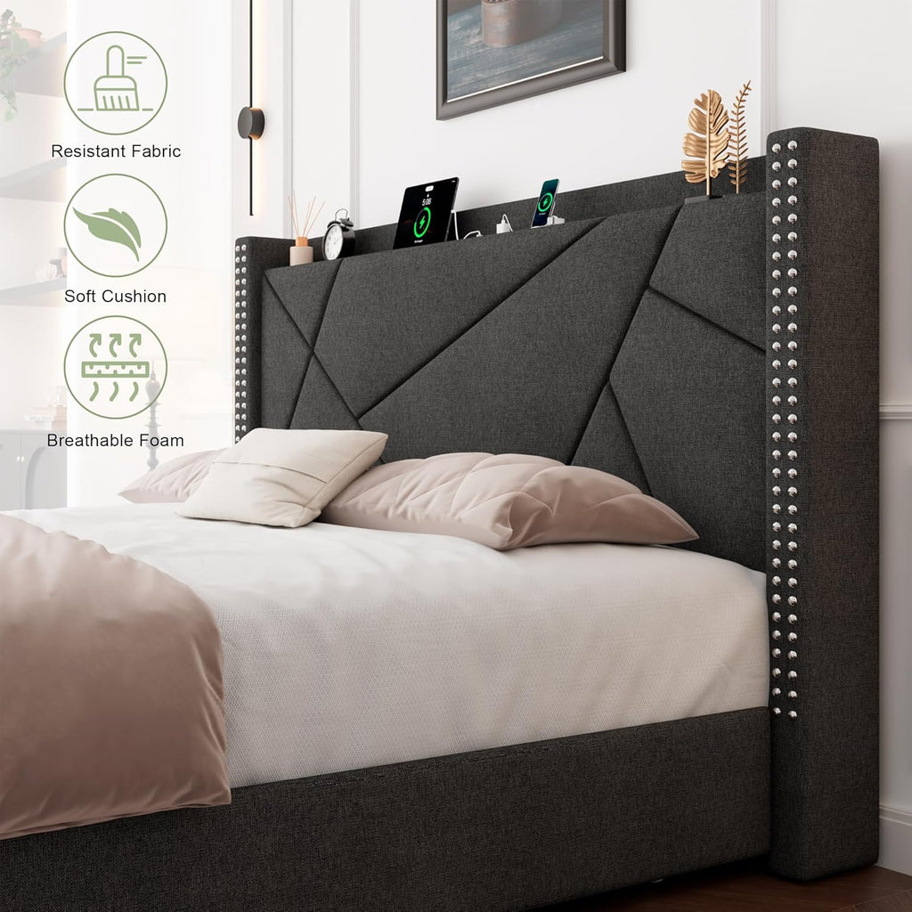 Feonase Platform Bed Frame with 4 Storage Drawers and Charging Station