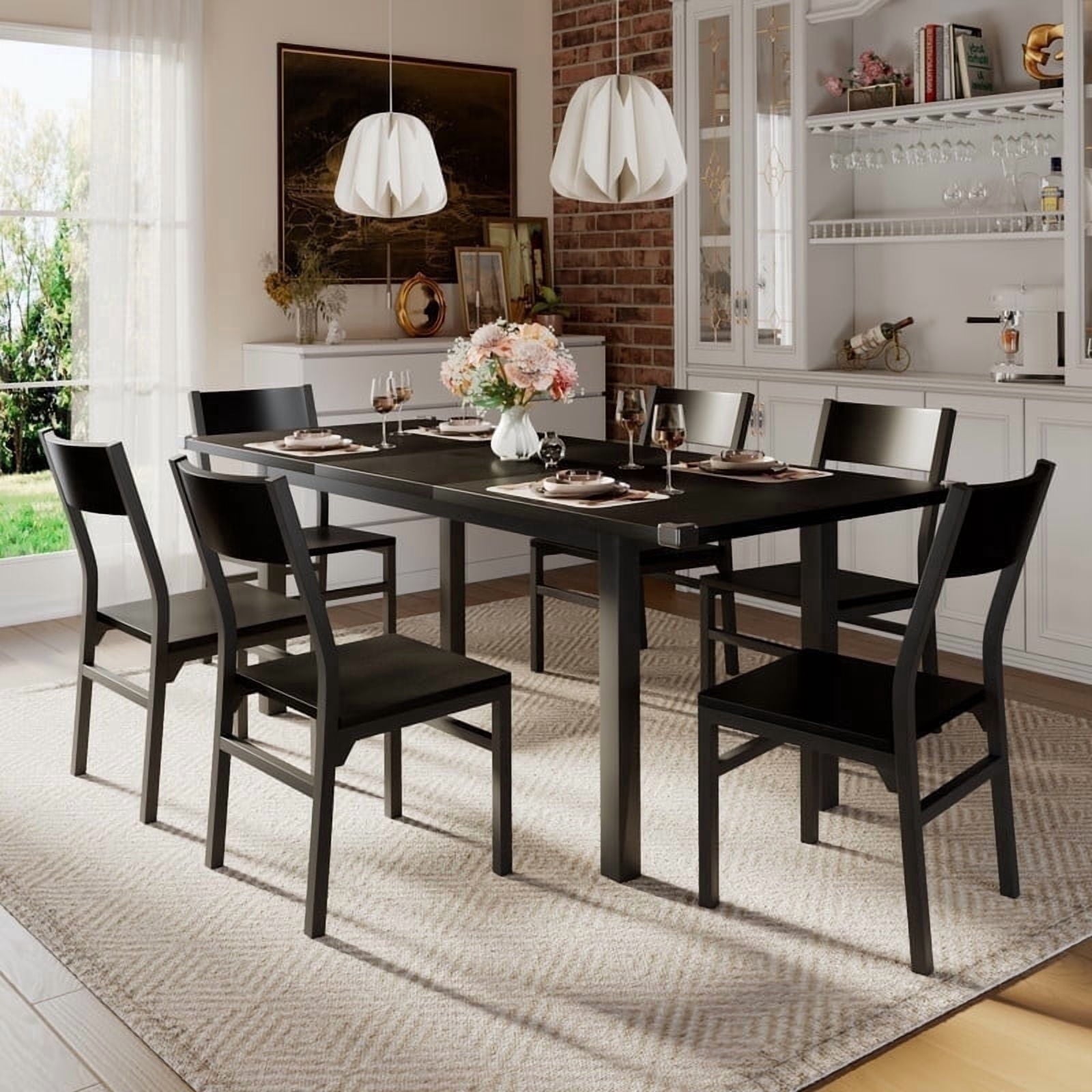 Virans 7-Piece Dining Table & Chairs Set for 4-6, 63" Extendable Kitchen Table with 6 Chairs, Dining Room Table with Metal Frame & MDF Board, Perfect for Small Space, Easy Assembly, Black