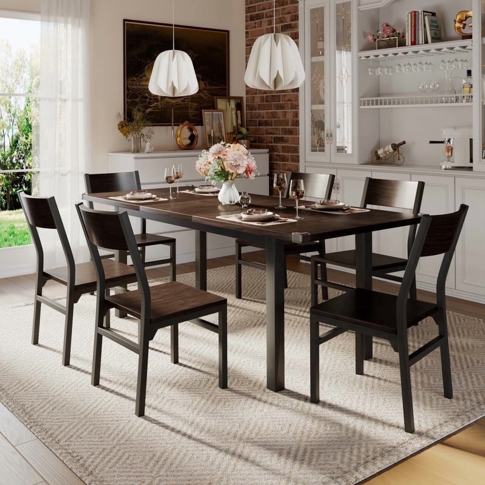 Virans 7-Piece Dining Table & Chairs Set for 4-6, 63" Extendable Kitchen Table with 6 Chairs, Dining Room Table with Metal Frame & MDF Board, Perfect for Small Space, Easy Assembly,Espresso