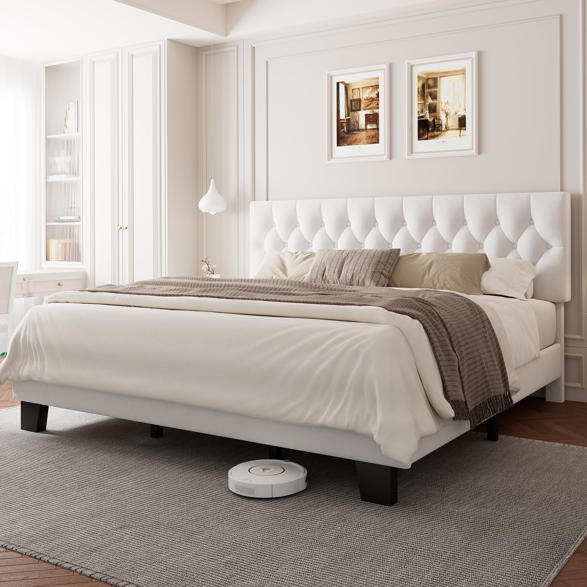 Velvet Bed Frame with Headboard, Button Tufted Upholstered Bed Base