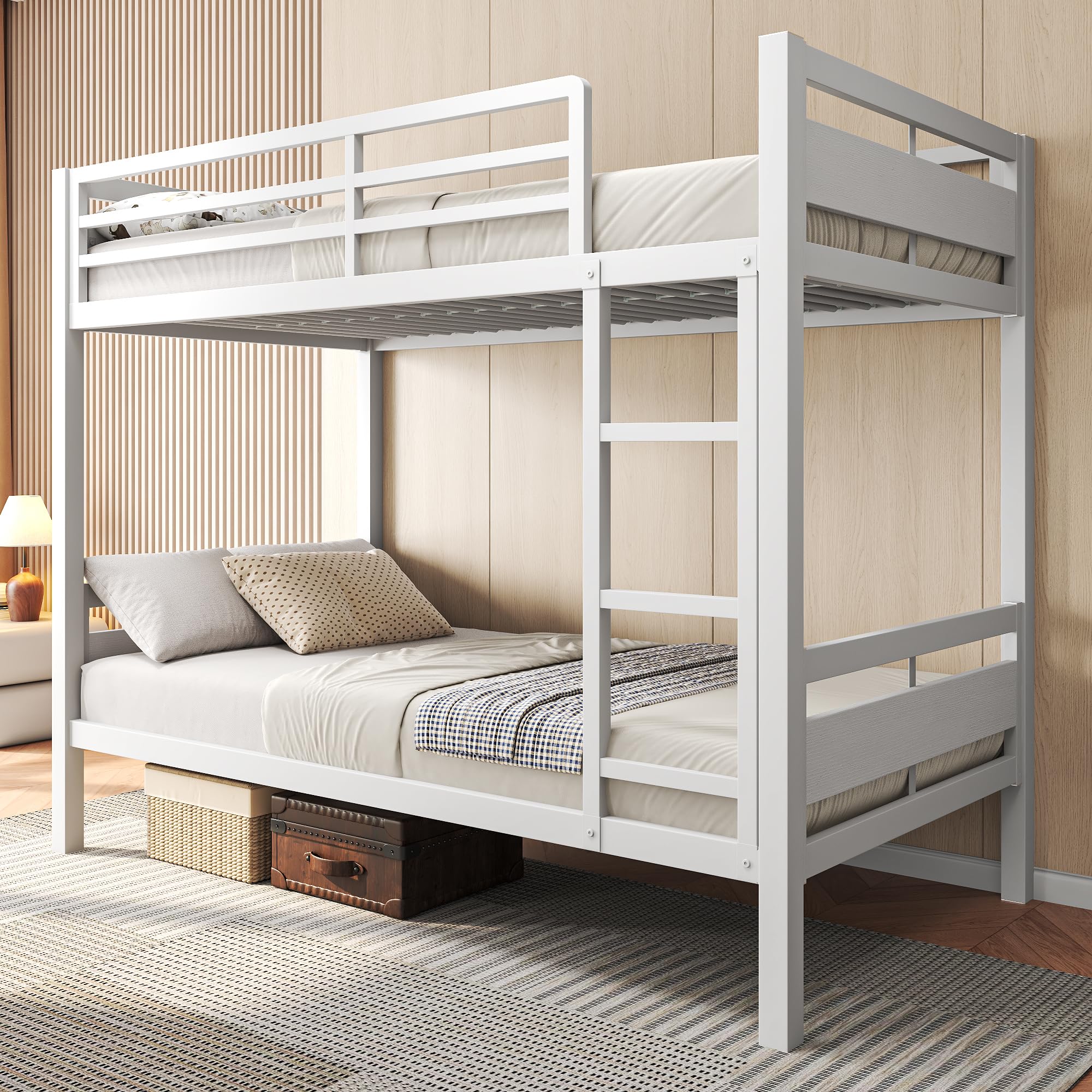 Feonase Metal Bunk Bed Twin Over Twin with Ladder and High Guardrail