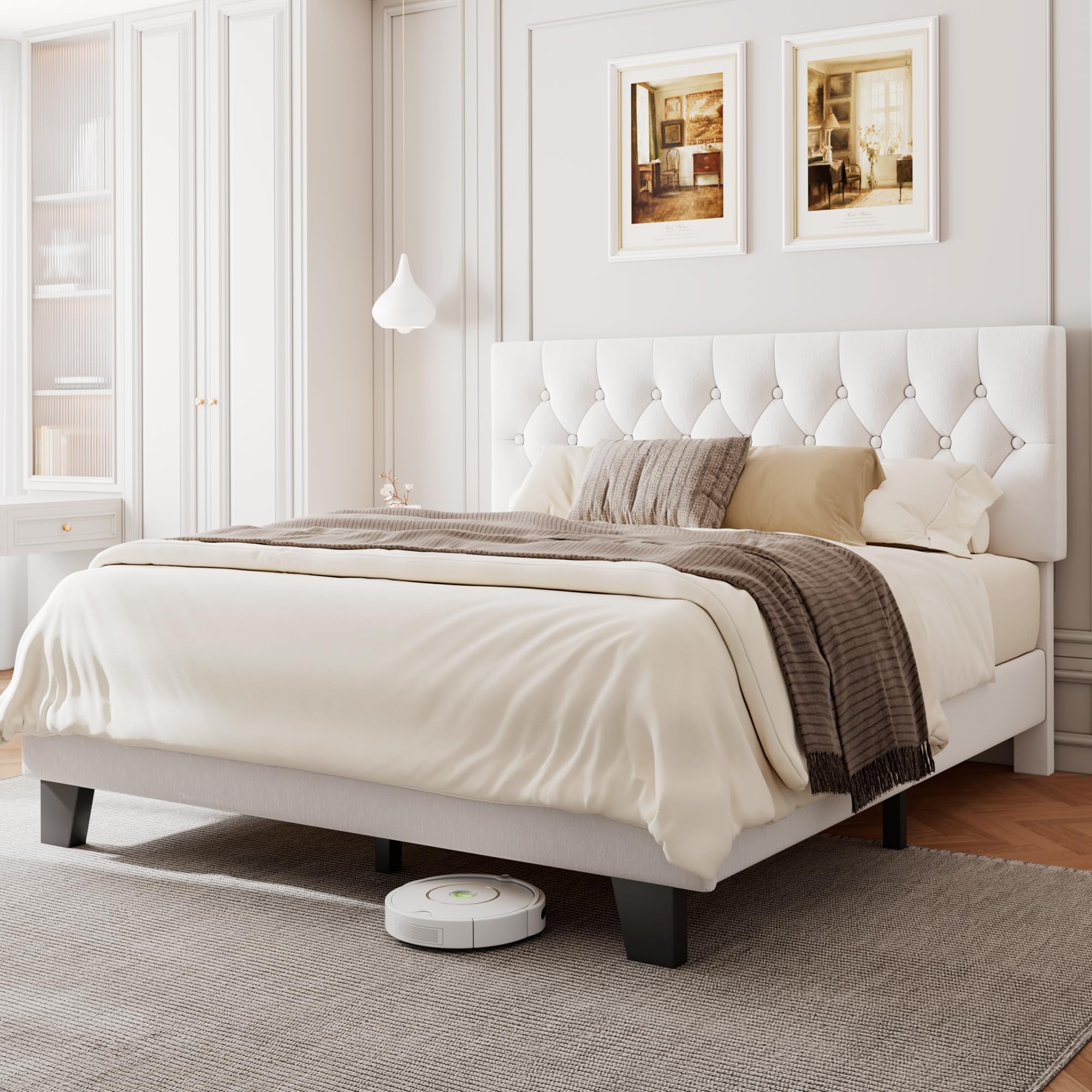 Velvet Bed Frame with Headboard, Button Tufted Upholstered Bed Base