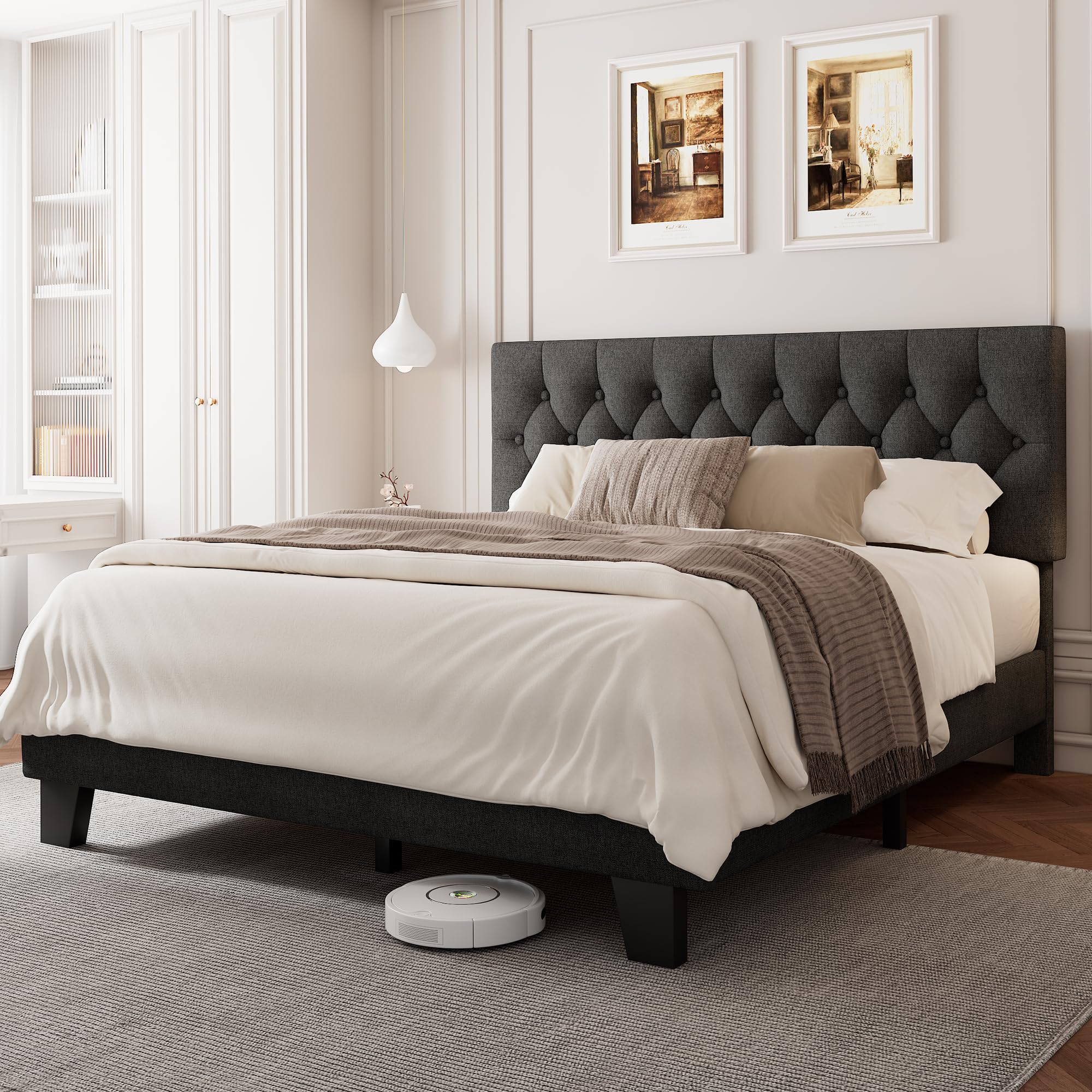 Velvet Bed Frame with Headboard, Button Tufted Upholstered Bed Base