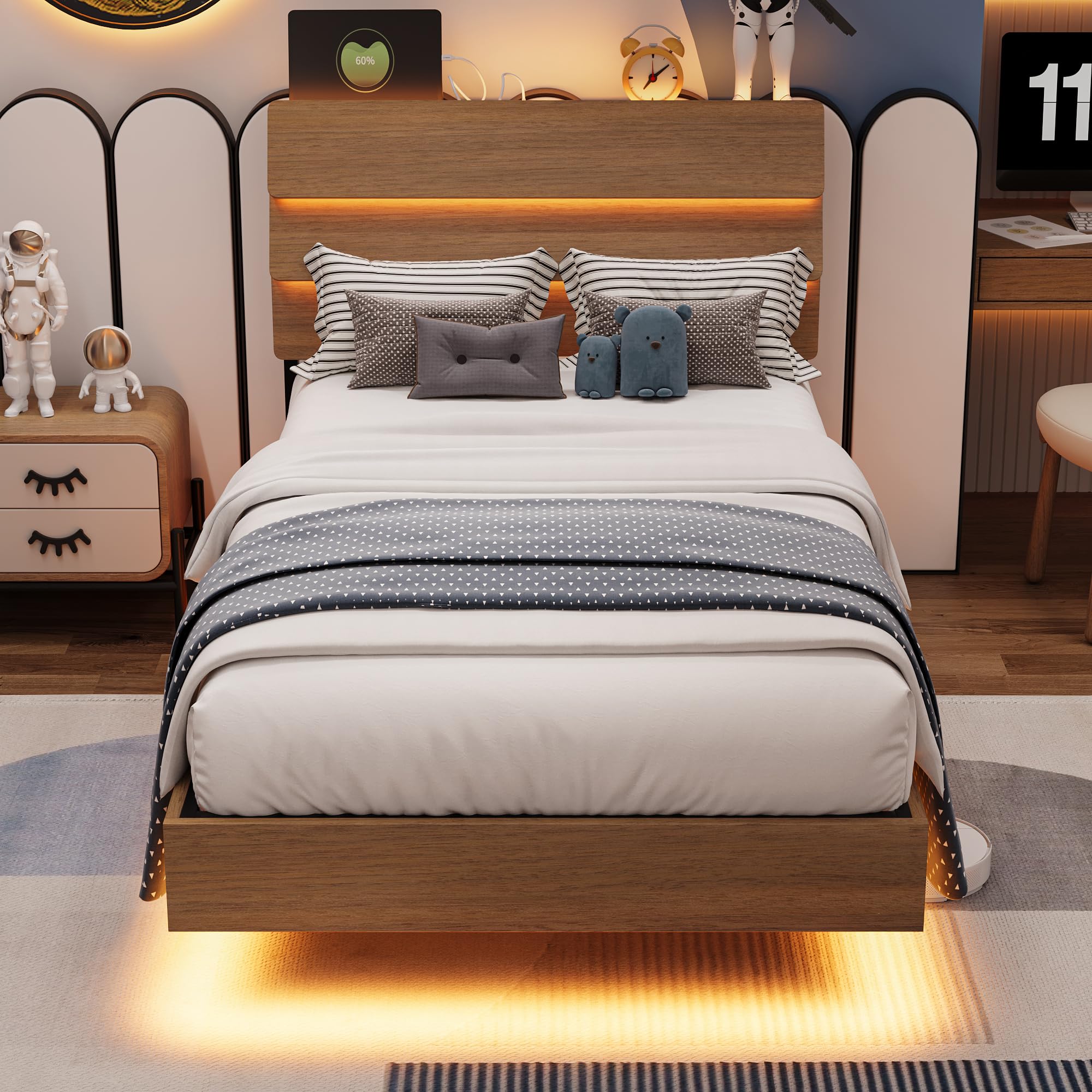 Bed Frame with Charging Station, Led Bed Frame with Wood Storage Headboard