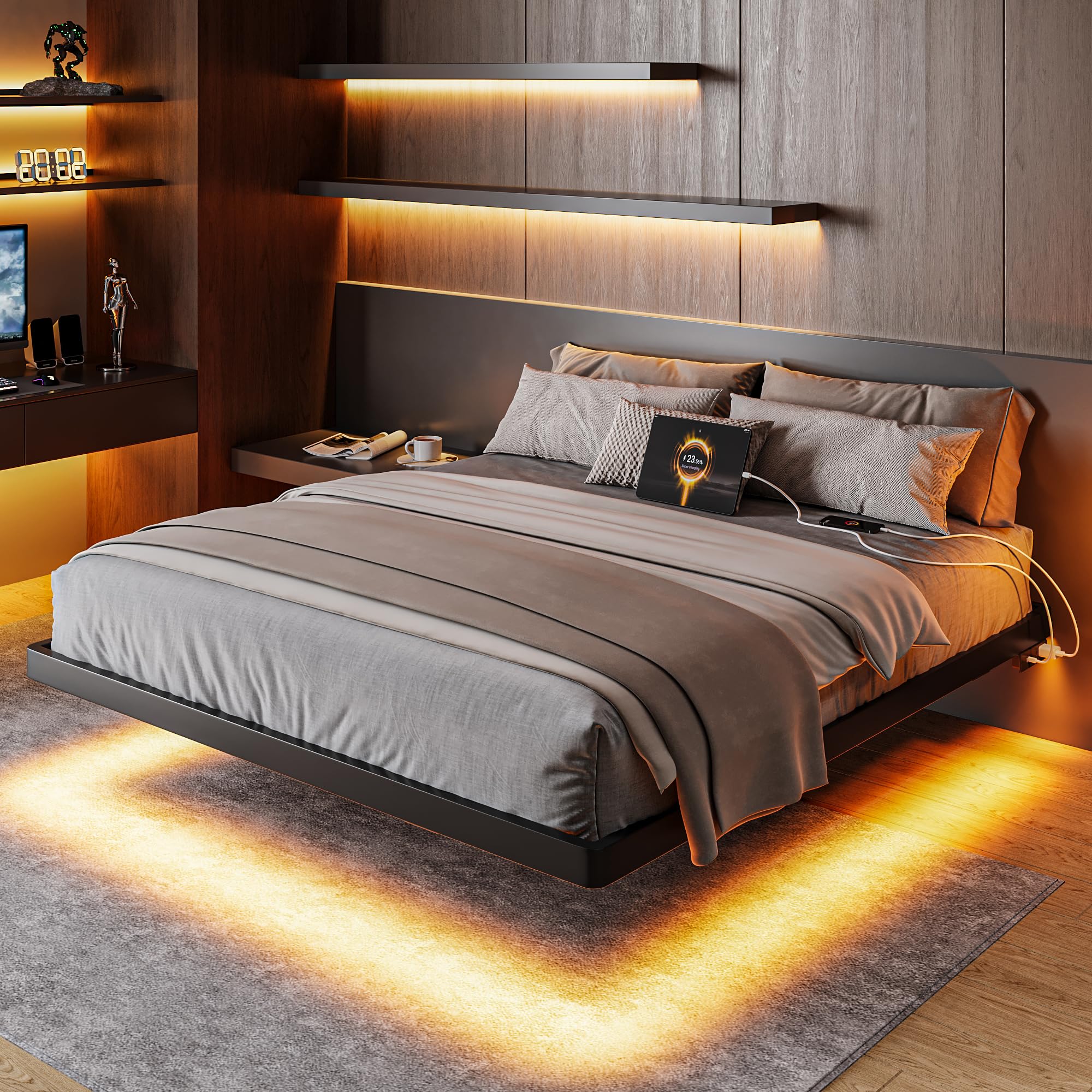 Feonase Floating Bed Frame with Charging Station and Led Lights