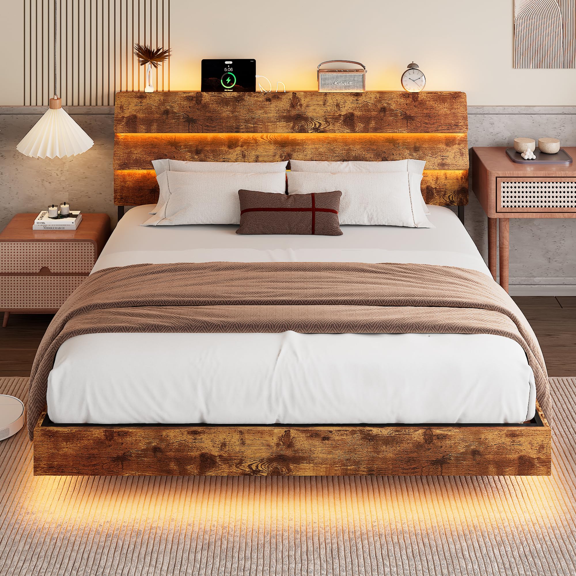 Bed Frame with Charging Station, Led Bed Frame with Wood Storage Headboard