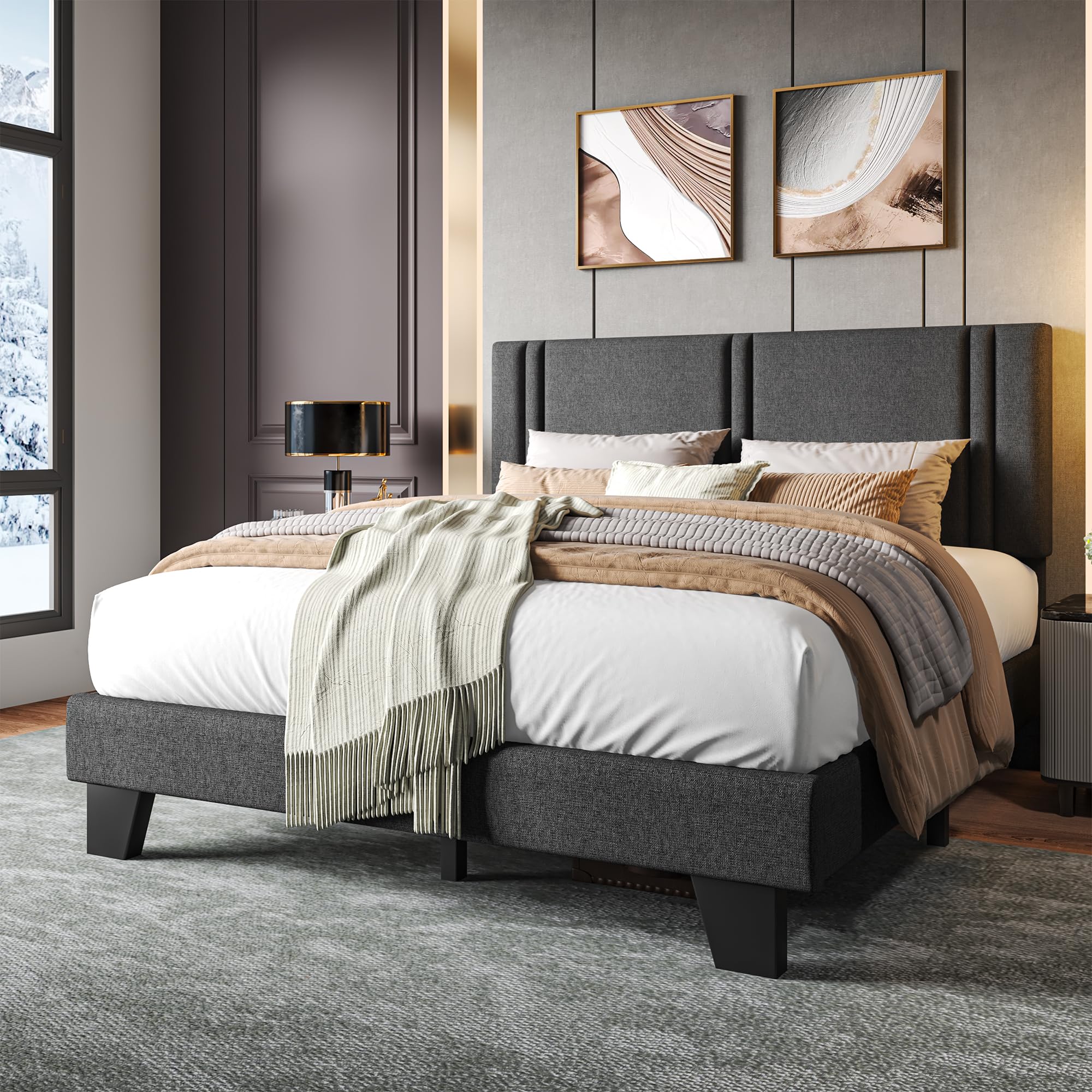 Upholstered Twin Size Bed Frame with Linen Fabric Headboard