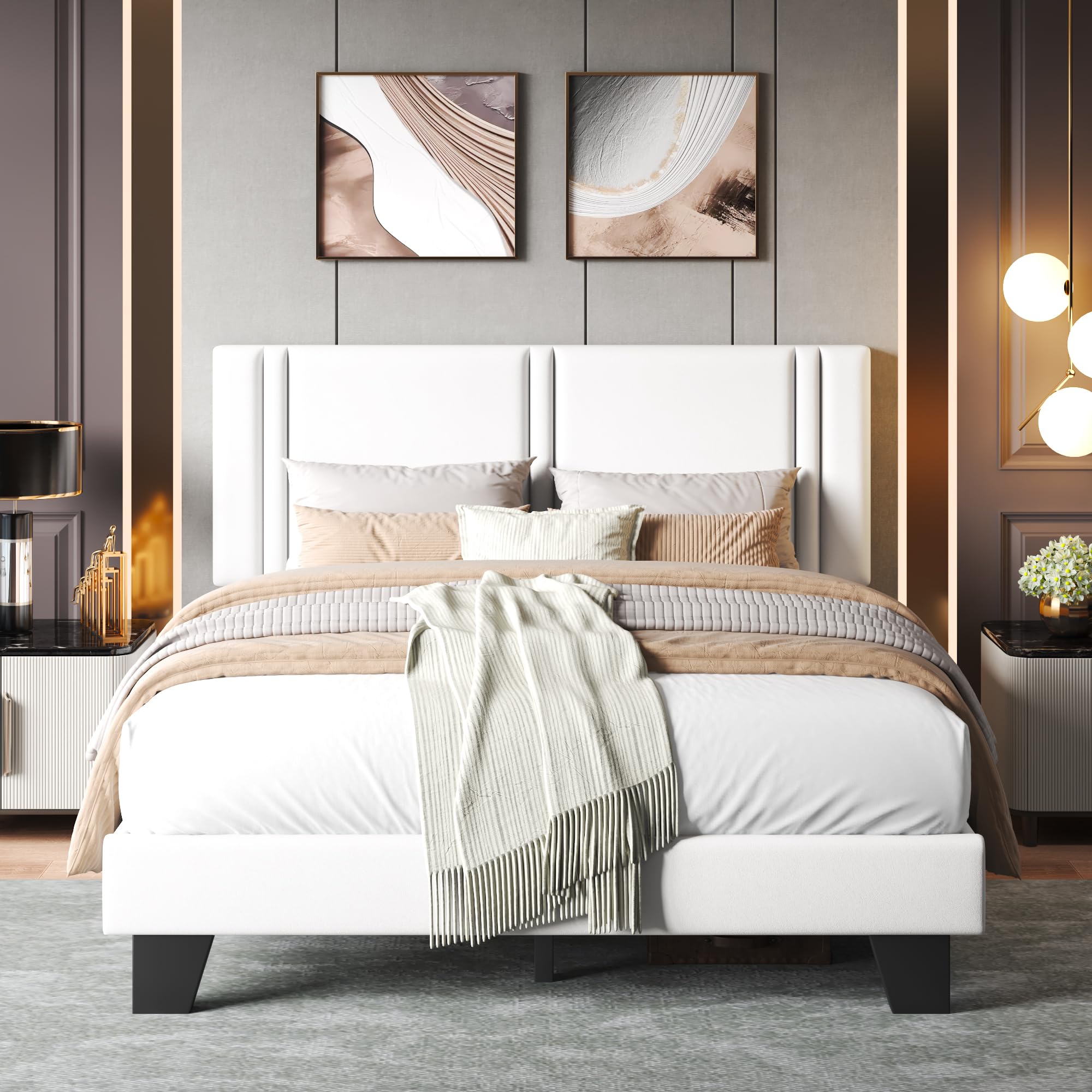 Upholstered Twin Size Bed Frame with Linen Fabric Headboard