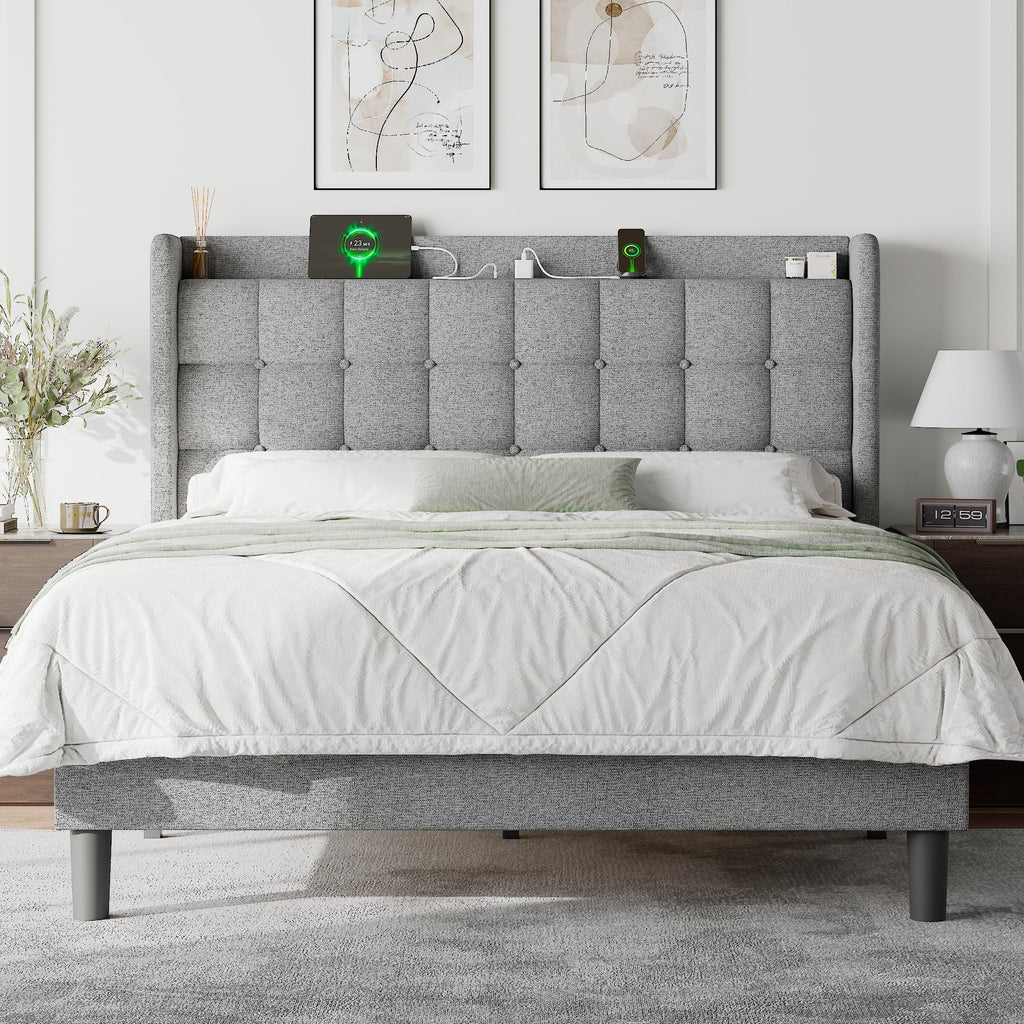 Feonase Bed Frame with Charging Station, Upholstered Platform Frame with Wingback Storage Headboard