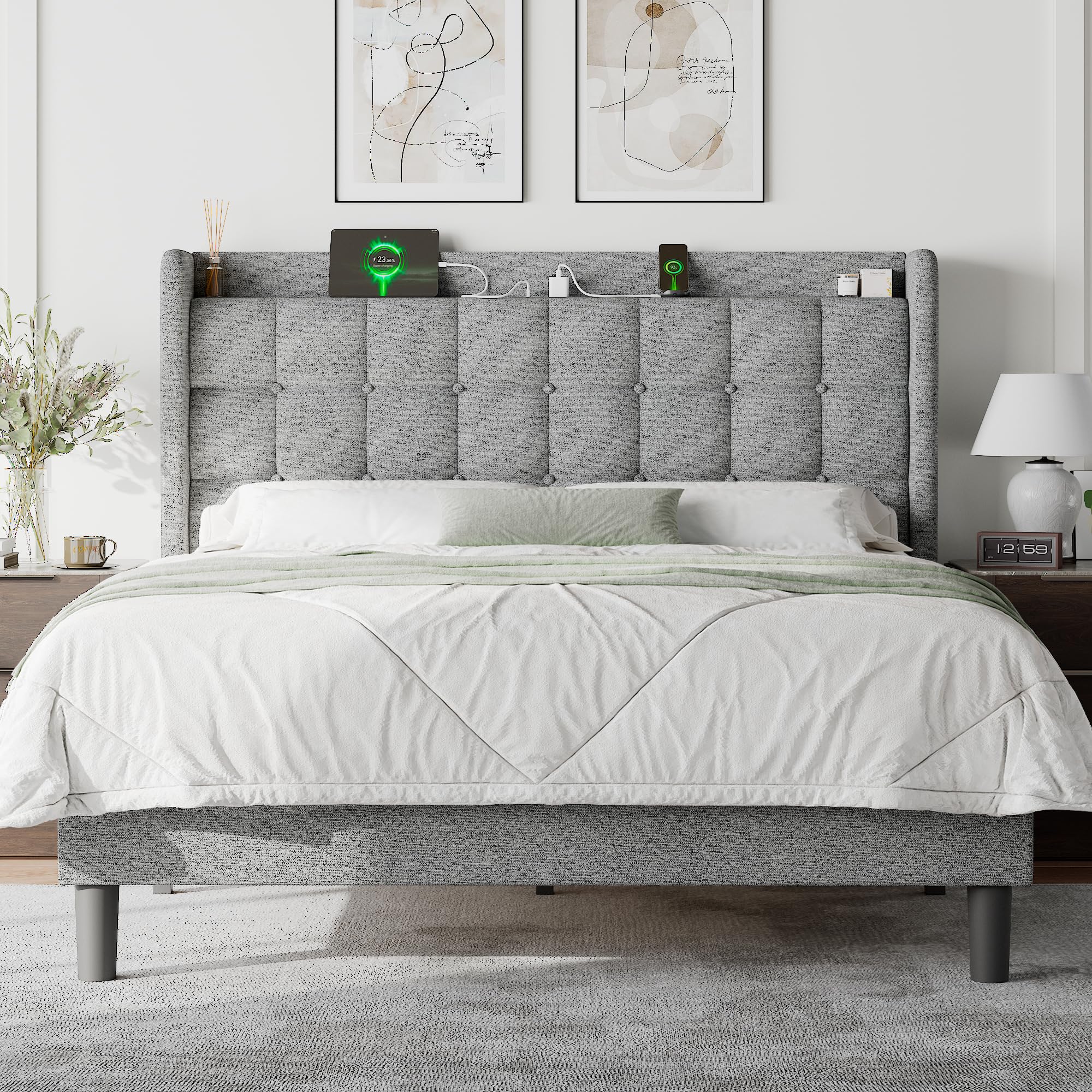 Feonase Bed Frame with Charging Station, Upholstered Platform Frame with Wingback Storage Headboard