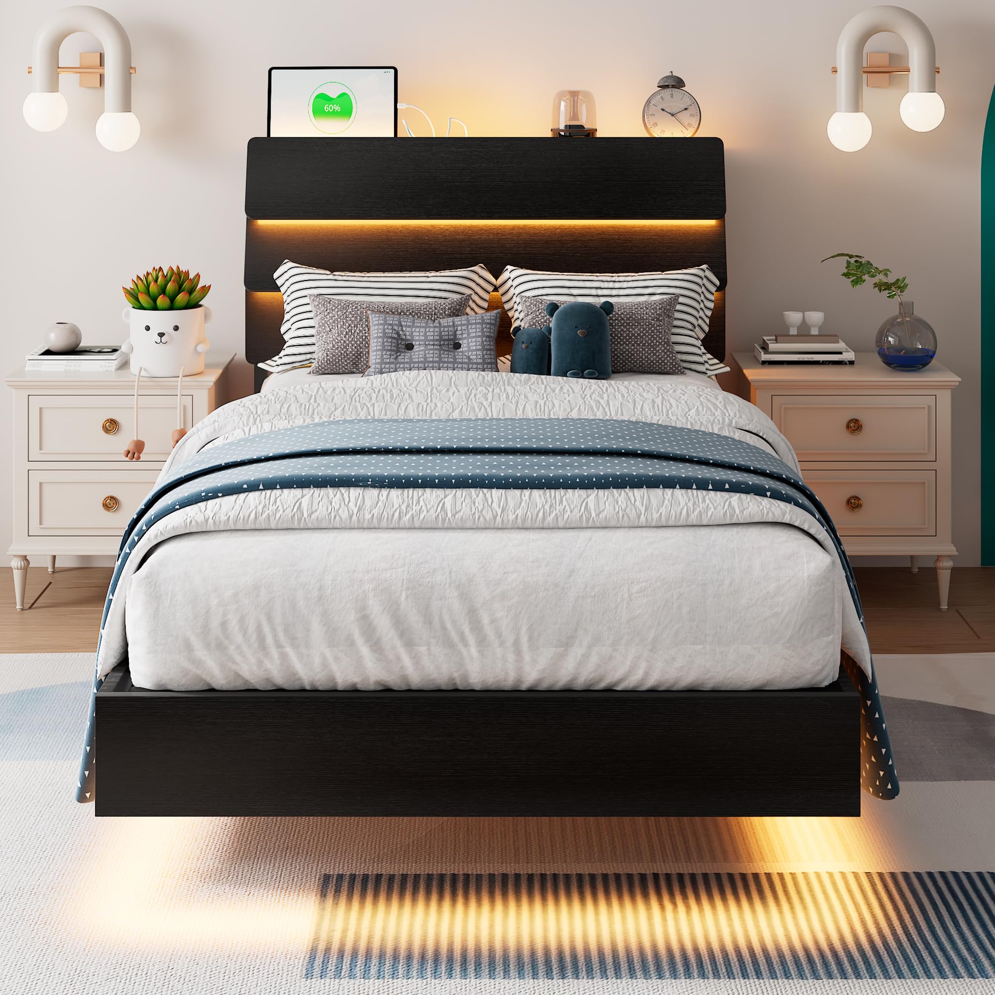 Bed Frame with Charging Station, Led Bed Frame with Wood Storage Headboard