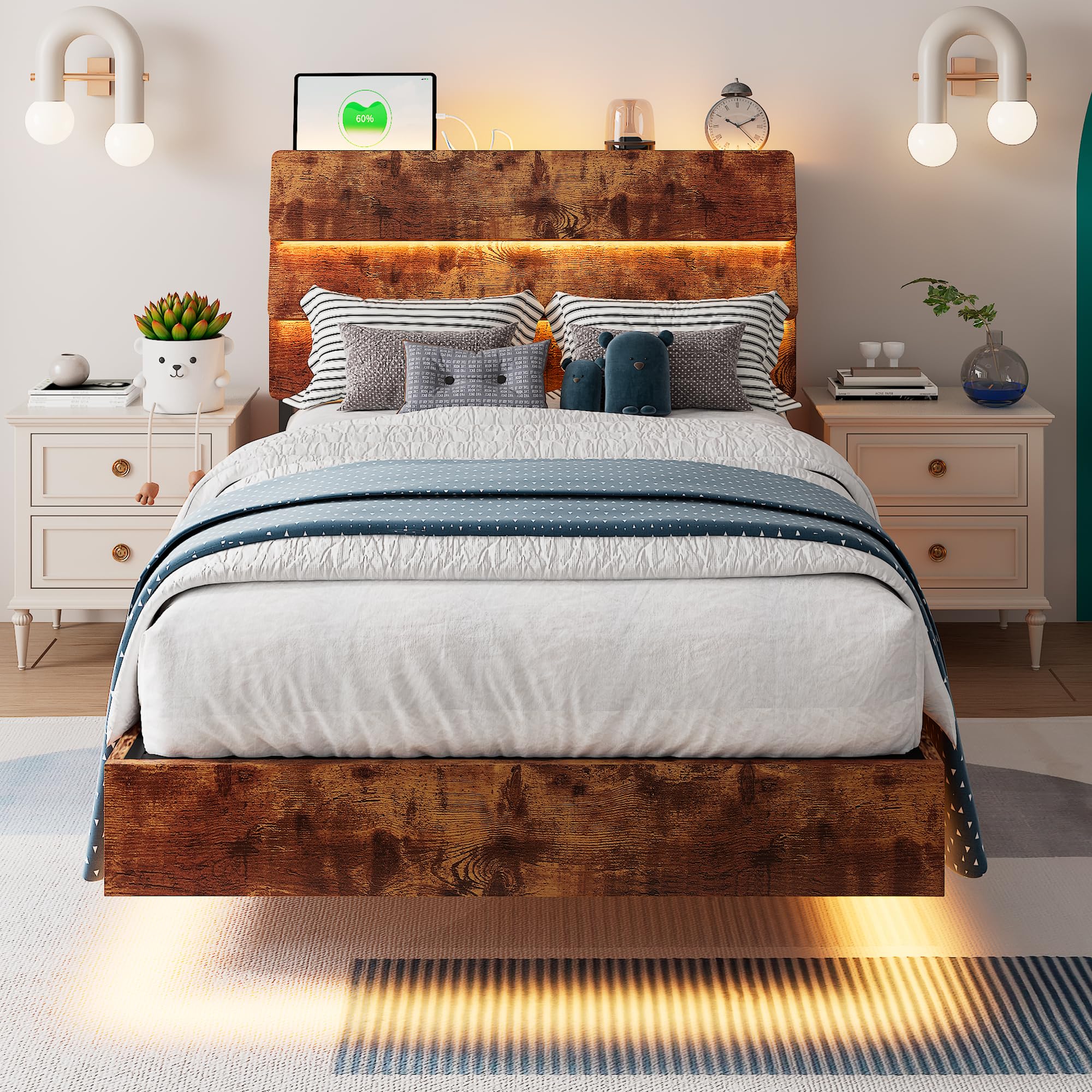 Bed Frame with Charging Station, Led Bed Frame with Wood Storage Headboard