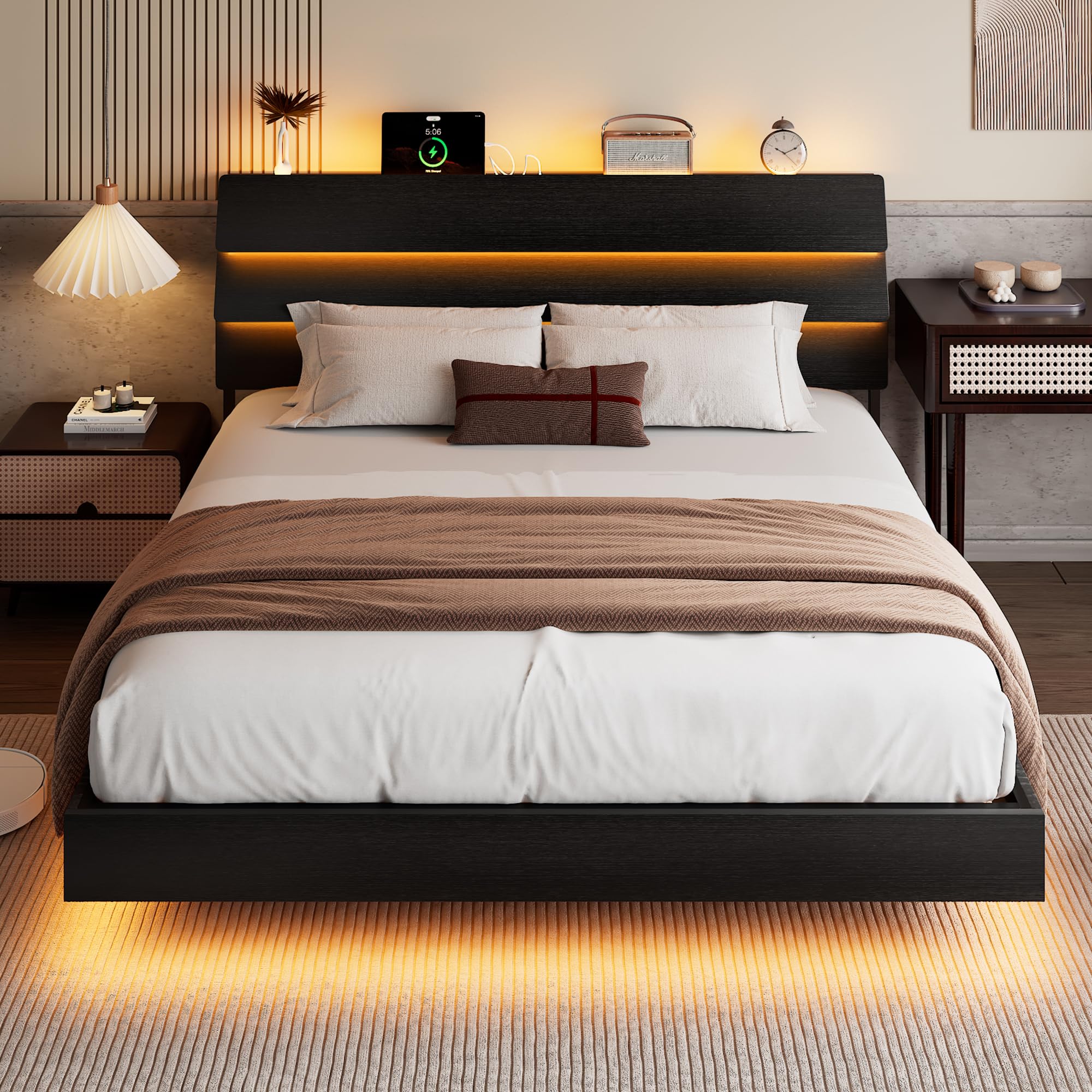 Bed Frame with Charging Station, Led Bed Frame with Wood Storage Headboard