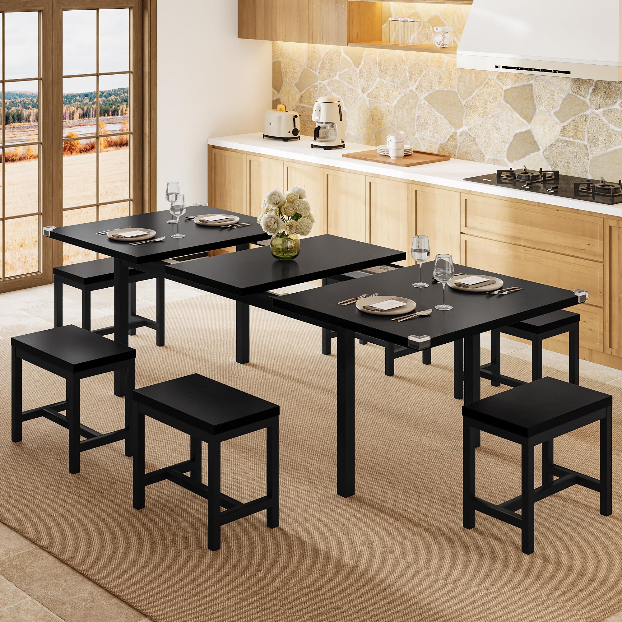 iPormis 7-Piece 63" Extendable Dining Table Set for 4-8 People, Mid-Century
