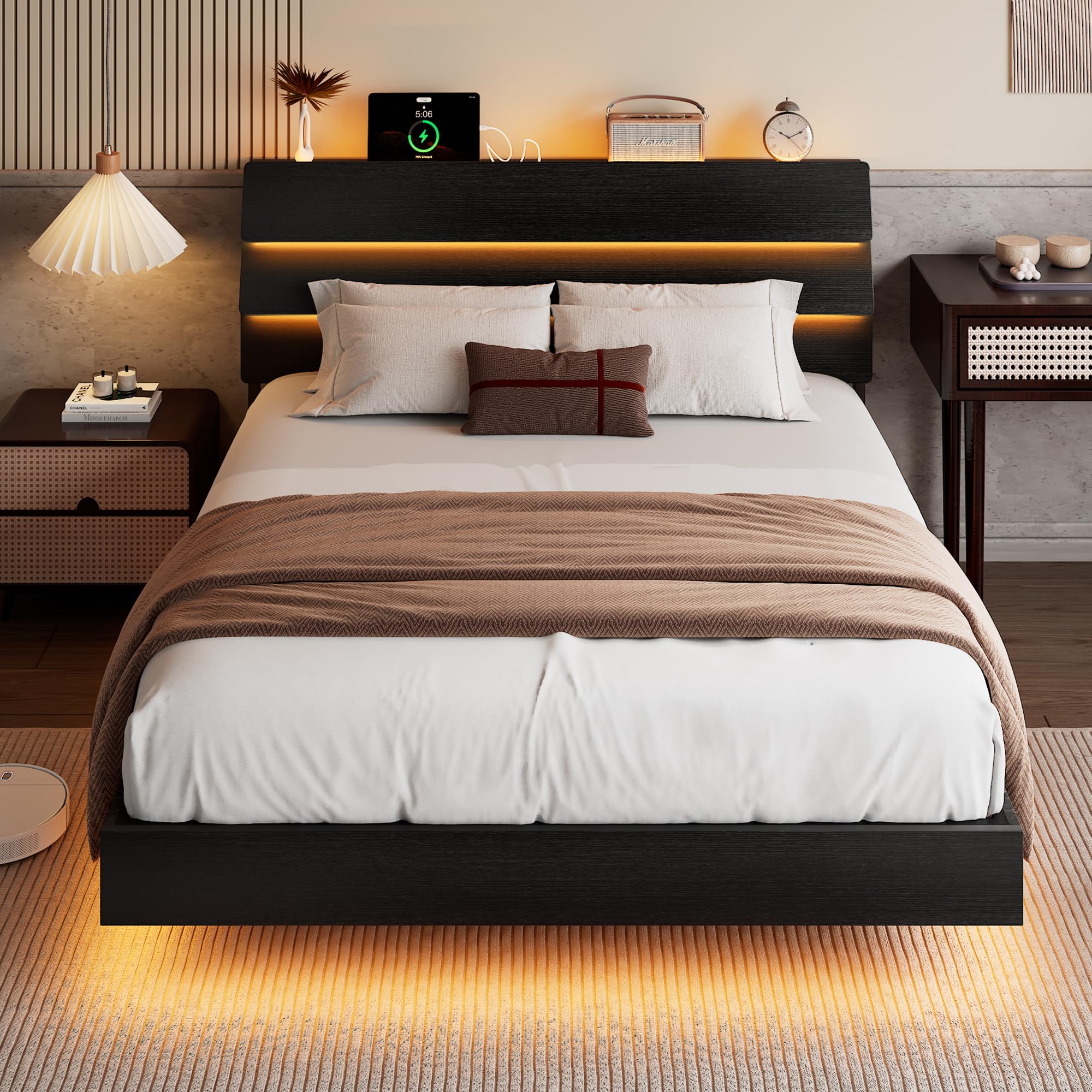 Bed Frame with Charging Station, Led Bed Frame with Wood Storage Headboard