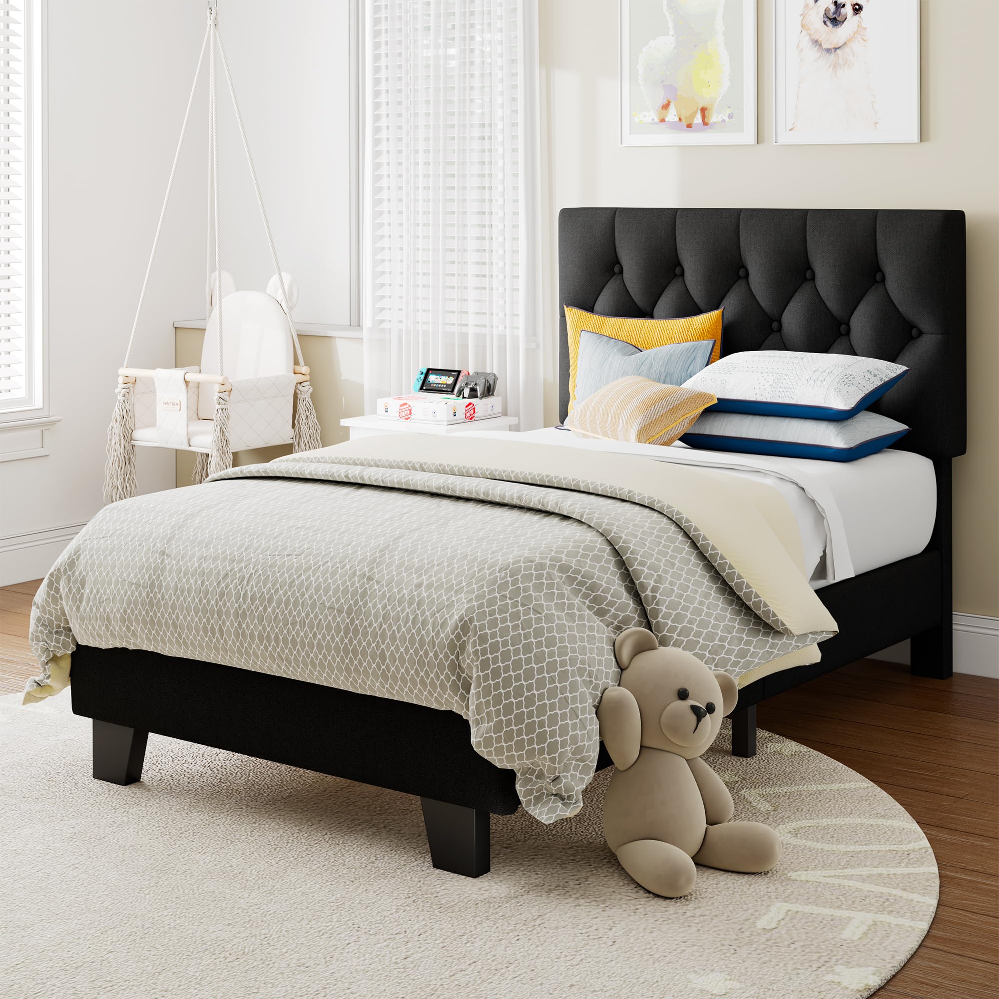 Velvet Bed Frame with Headboard, Button Tufted Upholstered Bed Base