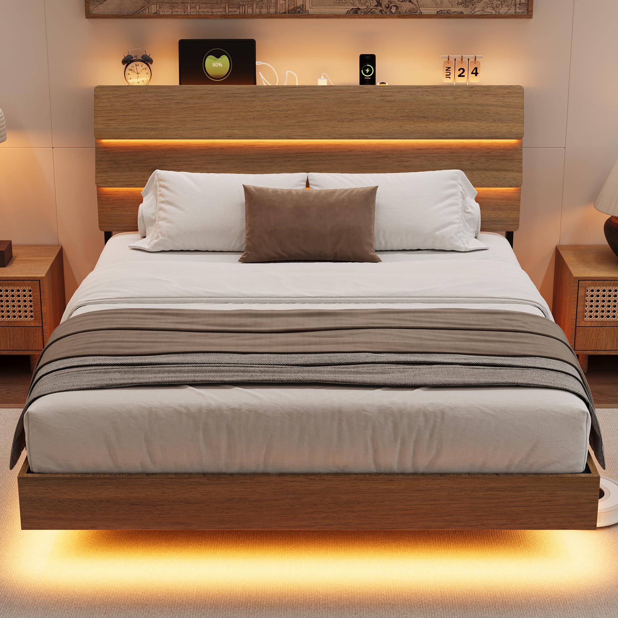 Bed Frame with Charging Station, Led Bed Frame with Wood Storage Headboard