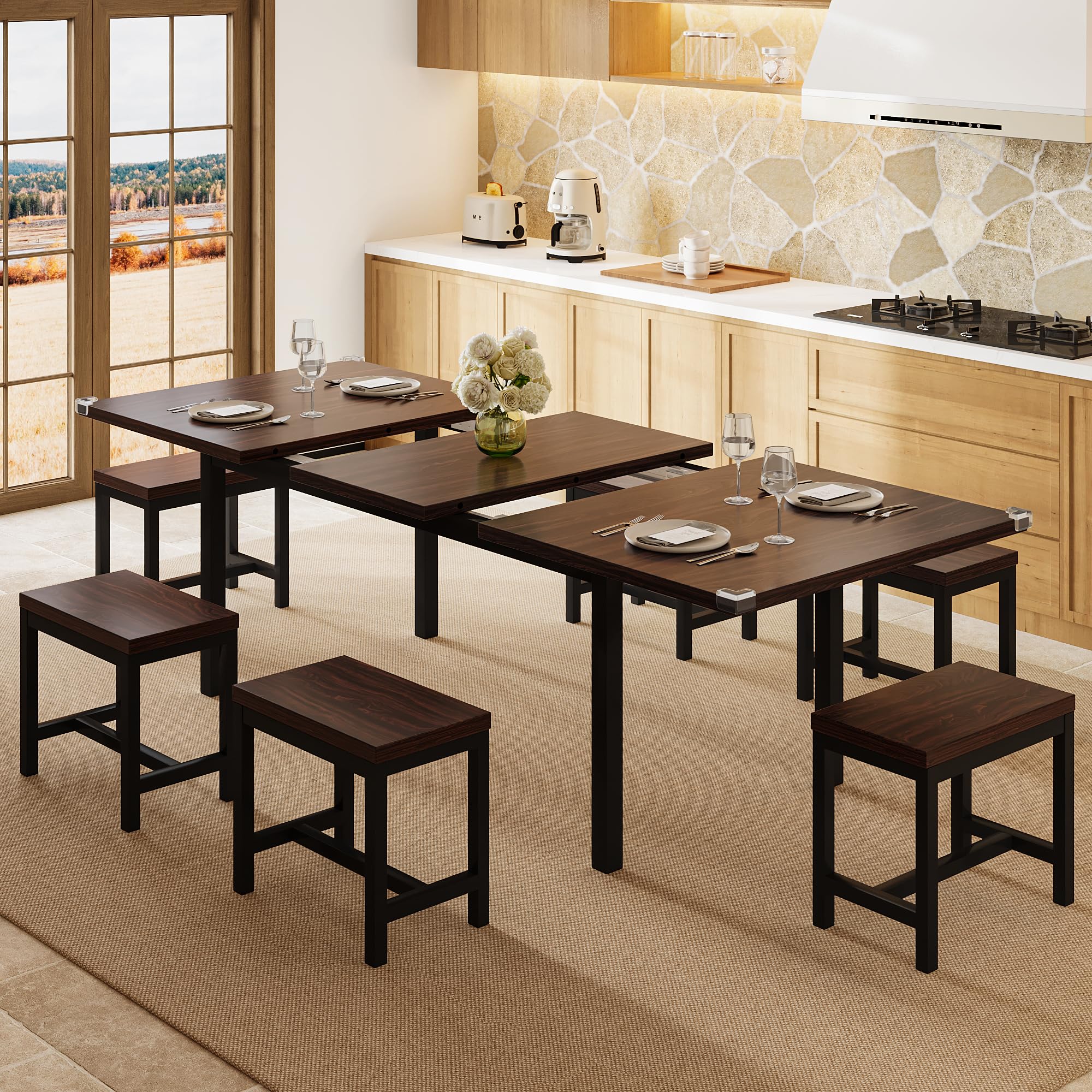 iPormis 7-Piece 63" Extendable Dining Table Set for 4-8 People, Mid-Century