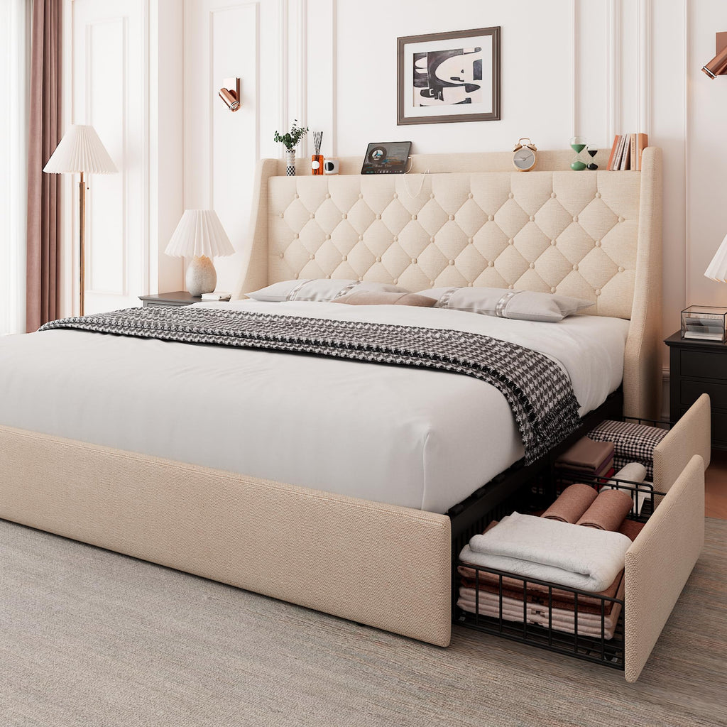 Feonase Upholstered Bed Frame with 4 Storage Drawers and Charging Station