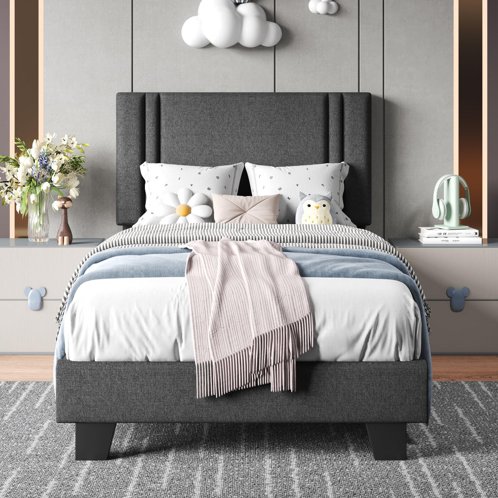 Upholstered Twin Size Bed Frame with Linen Fabric Headboard