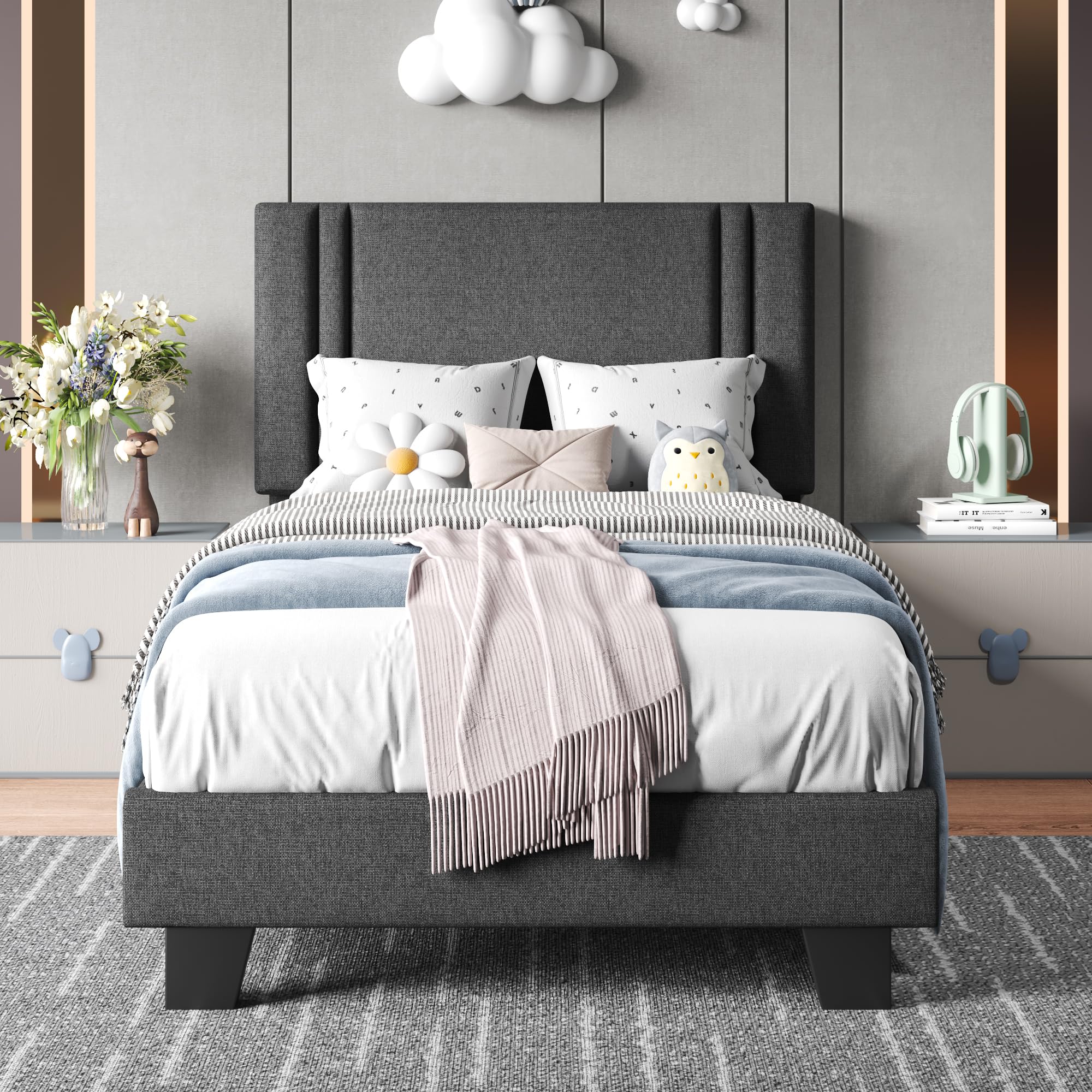 Upholstered Twin Size Bed Frame with Linen Fabric Headboard