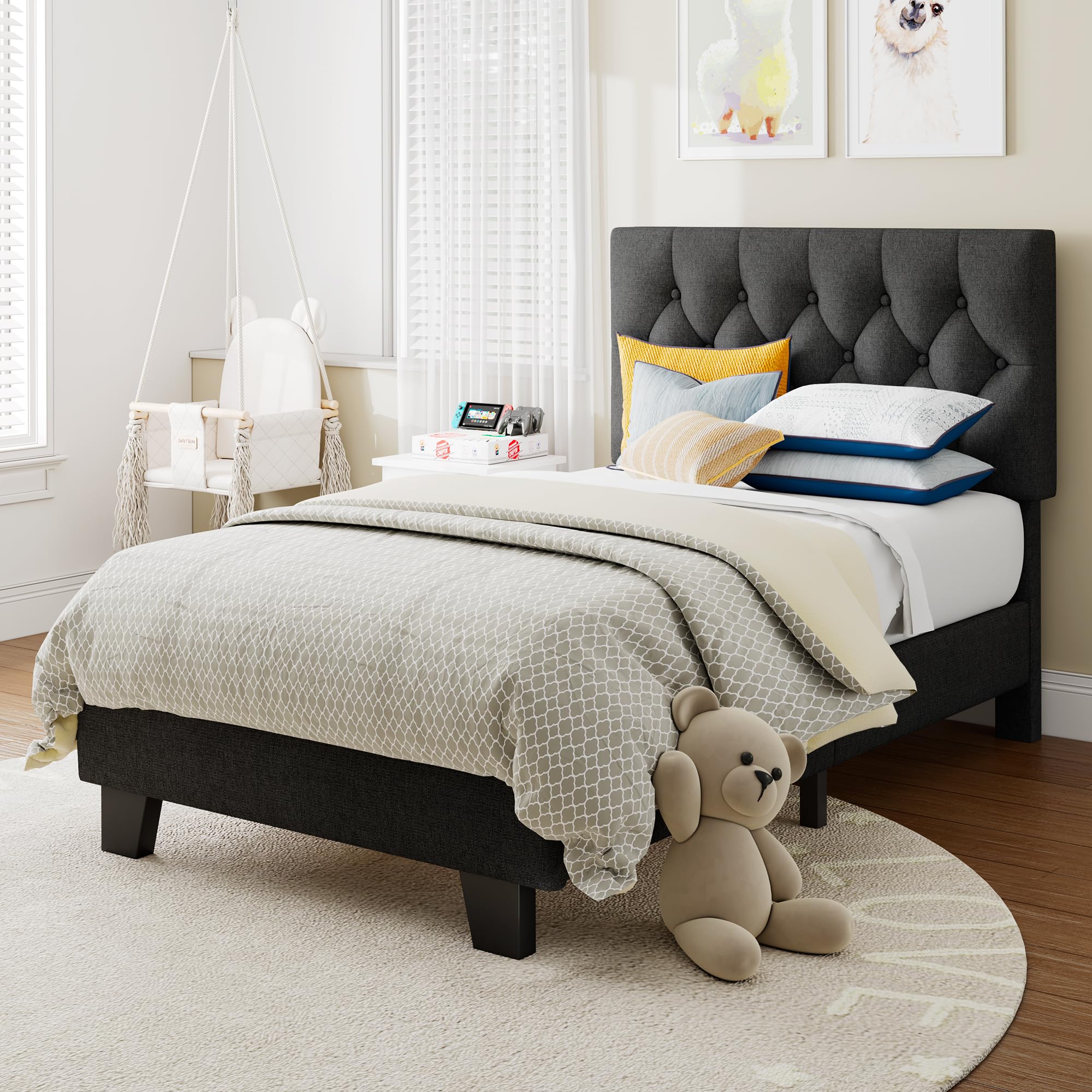 Velvet Bed Frame with Headboard, Button Tufted Upholstered Bed Base