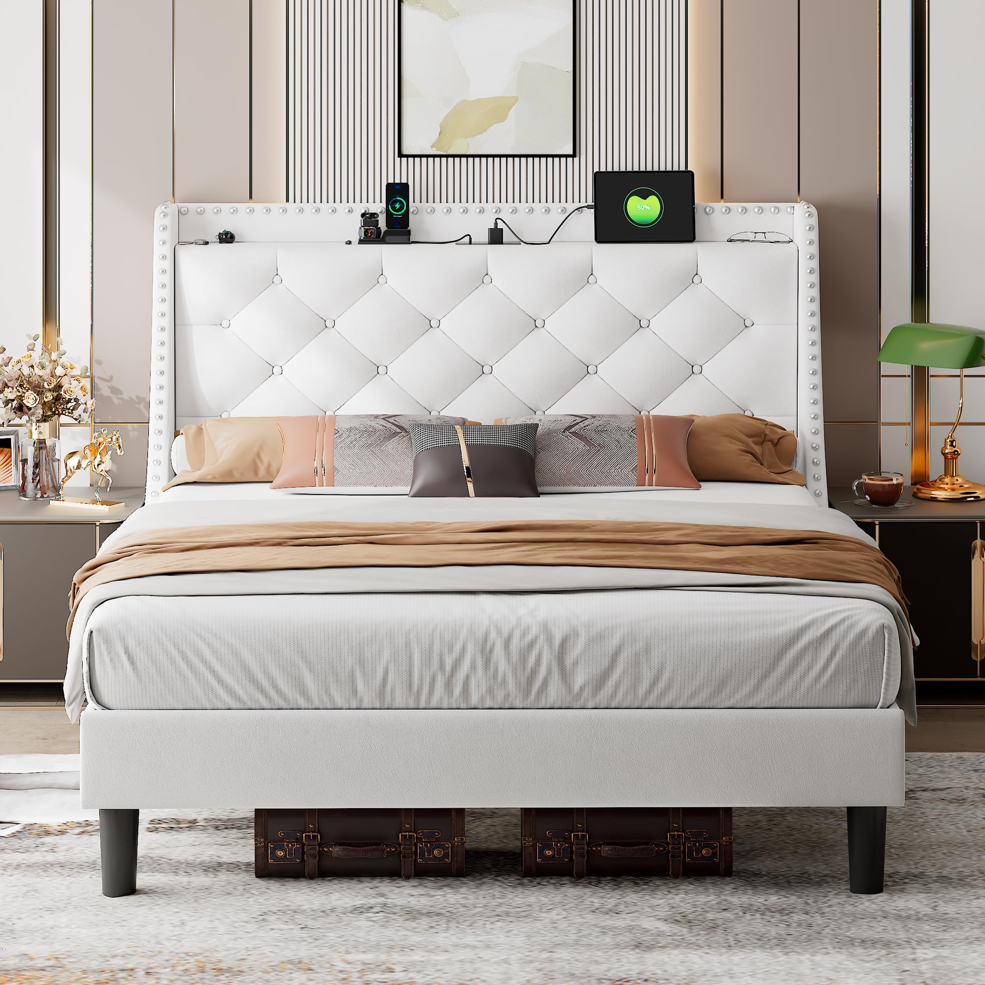 iPormis Full Bed Frame with Upholstered Wingback Button Tufted Storage Headboard