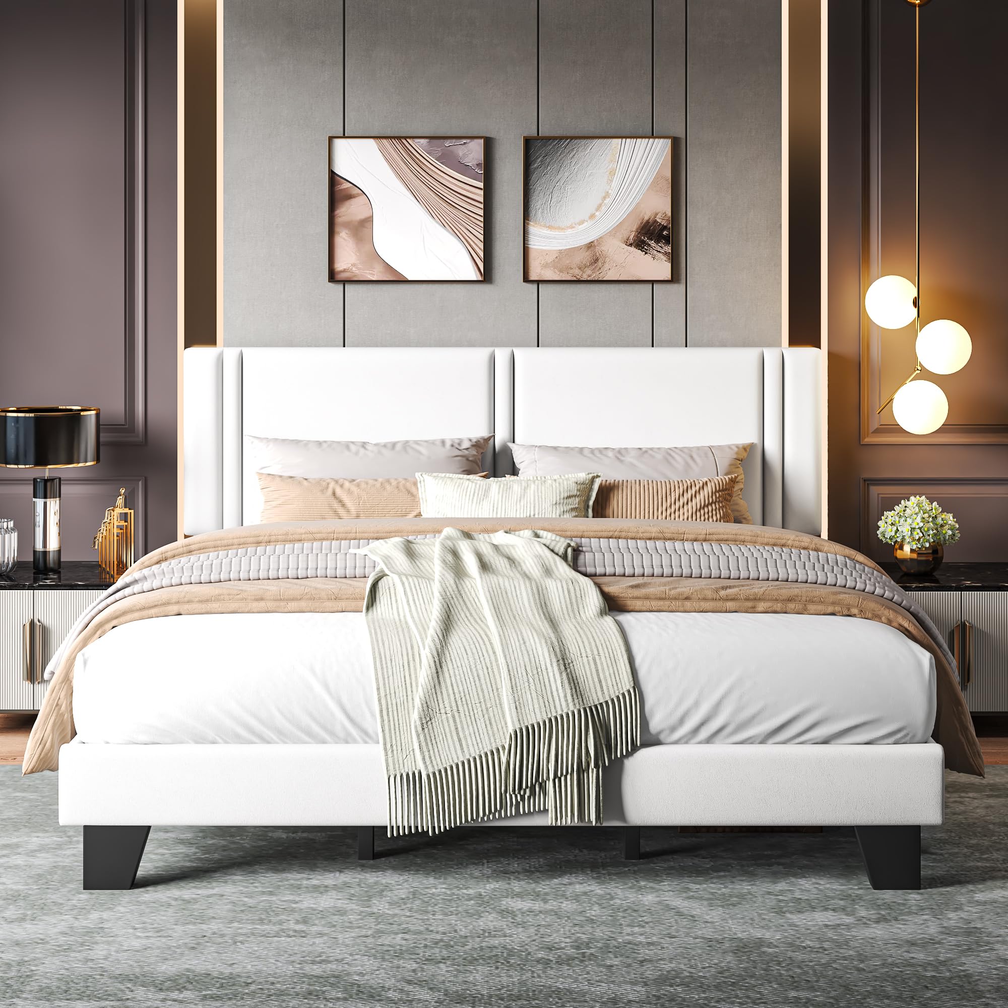 Upholstered Twin Size Bed Frame with Linen Fabric Headboard