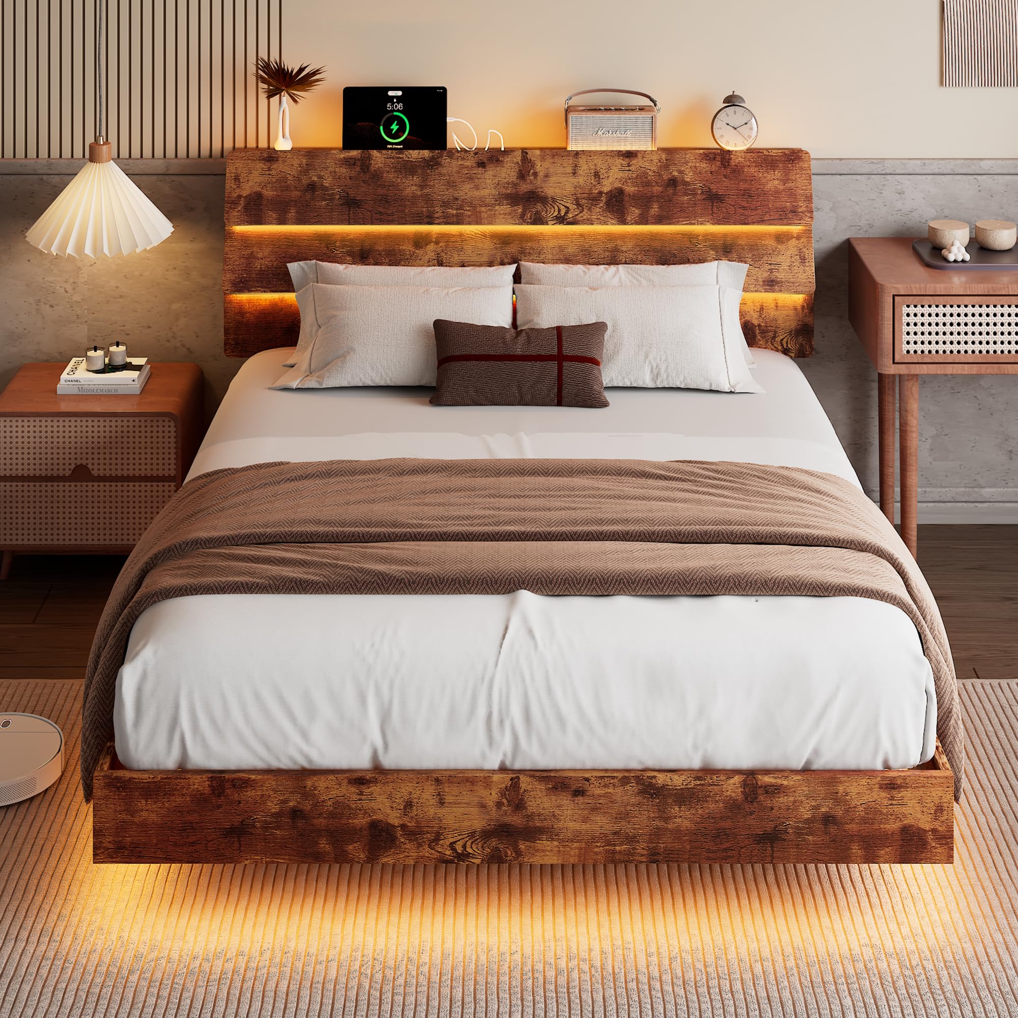 Bed Frame with Charging Station, Led Bed Frame with Wood Storage Headboard