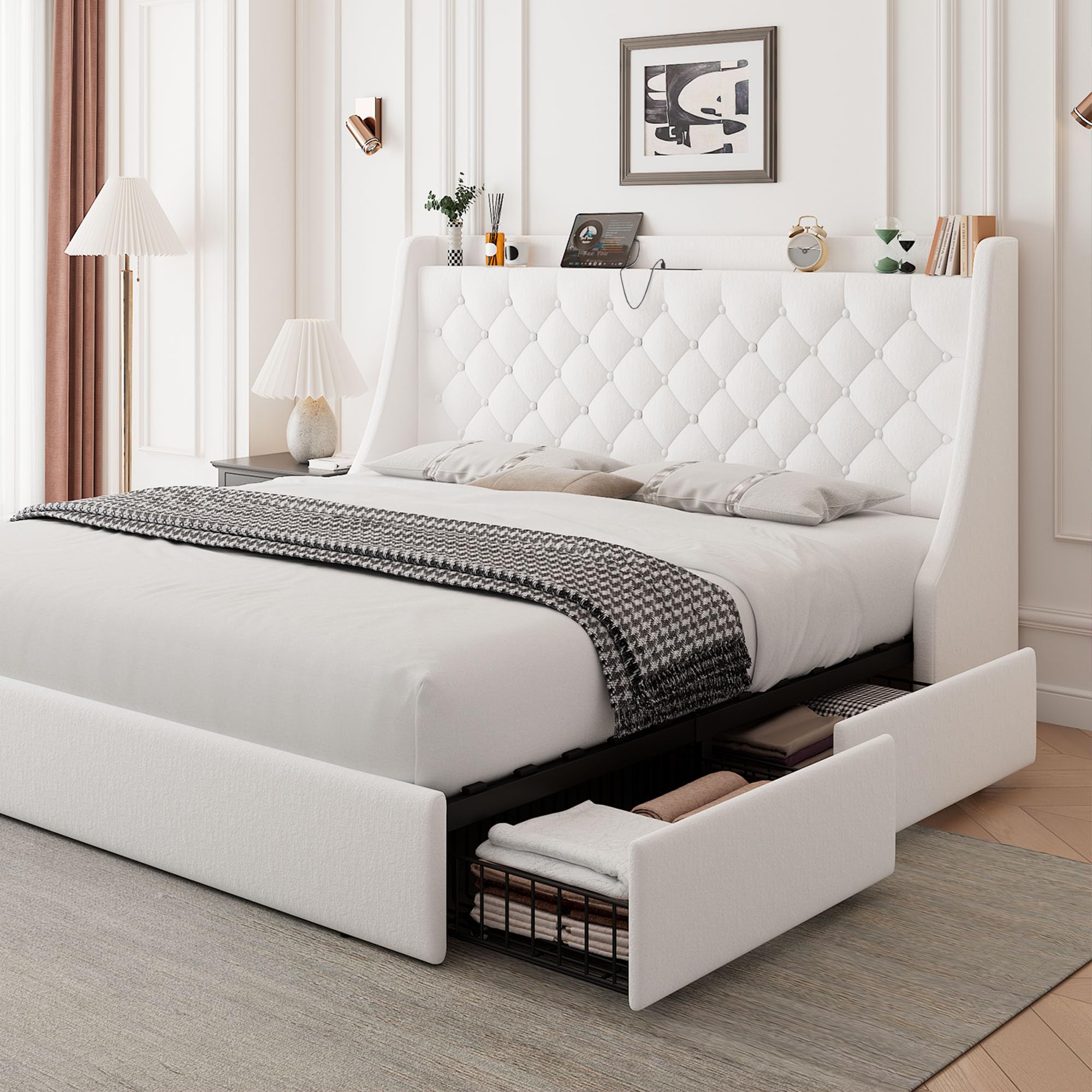 Feonase Upholstered Bed Frame with 4 Storage Drawers and Charging Station