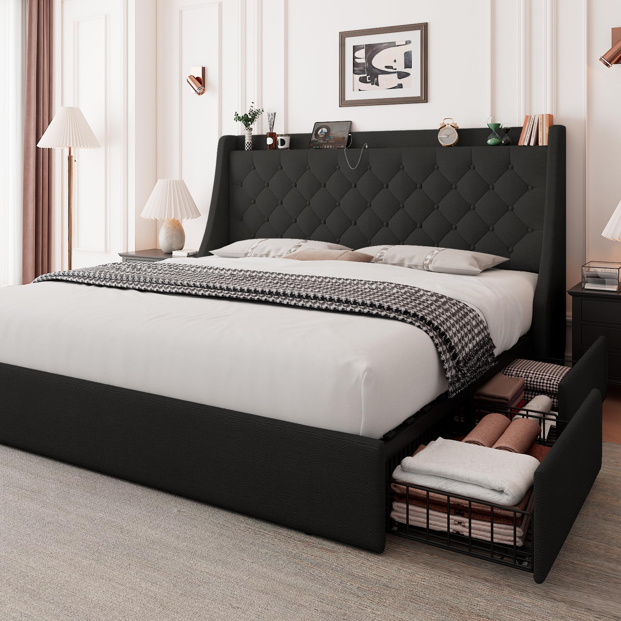 Feonase Upholstered Bed Frame with 4 Storage Drawers and Charging Station