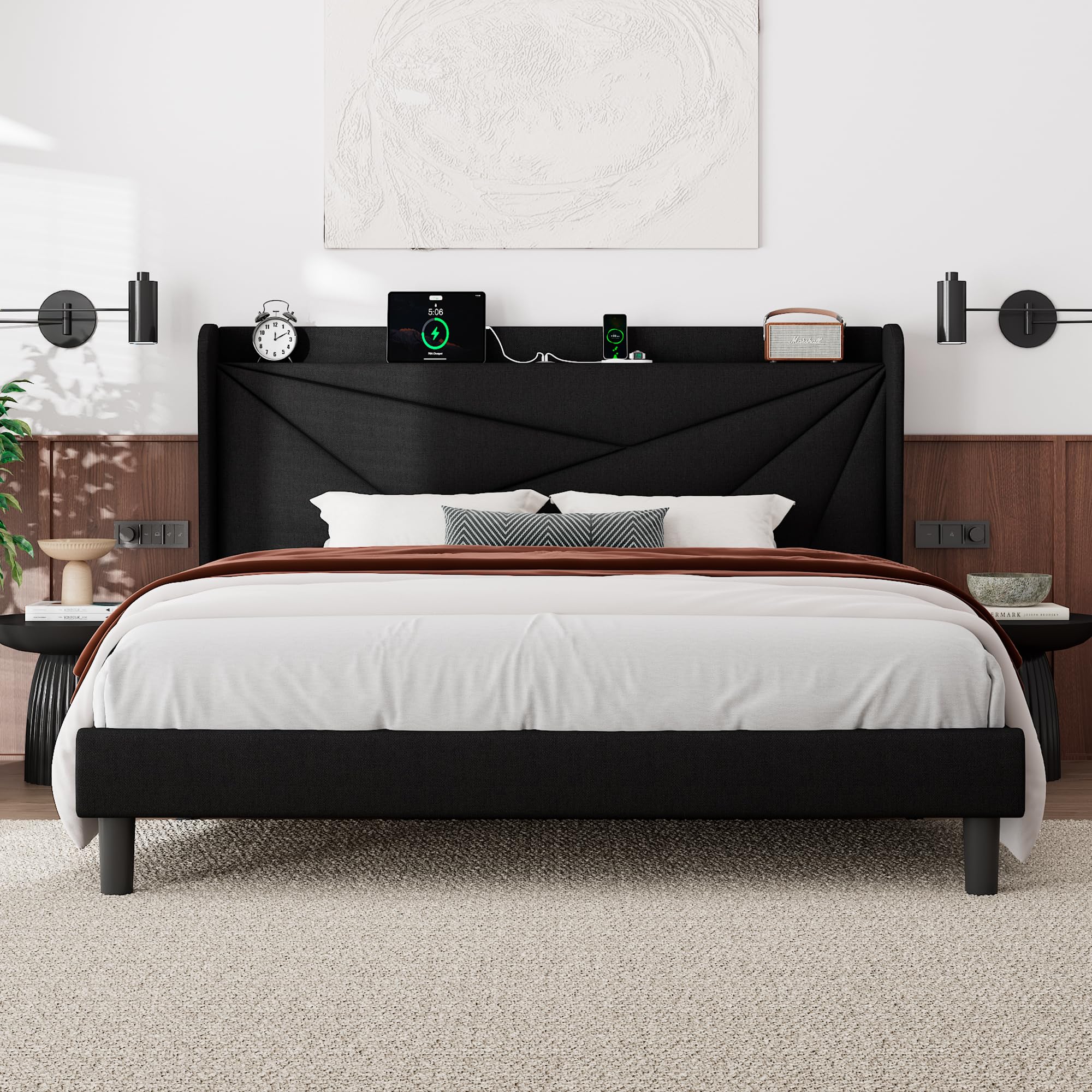 Feonase King Size Bed Frame, Modern Bed Frame with Charging Station