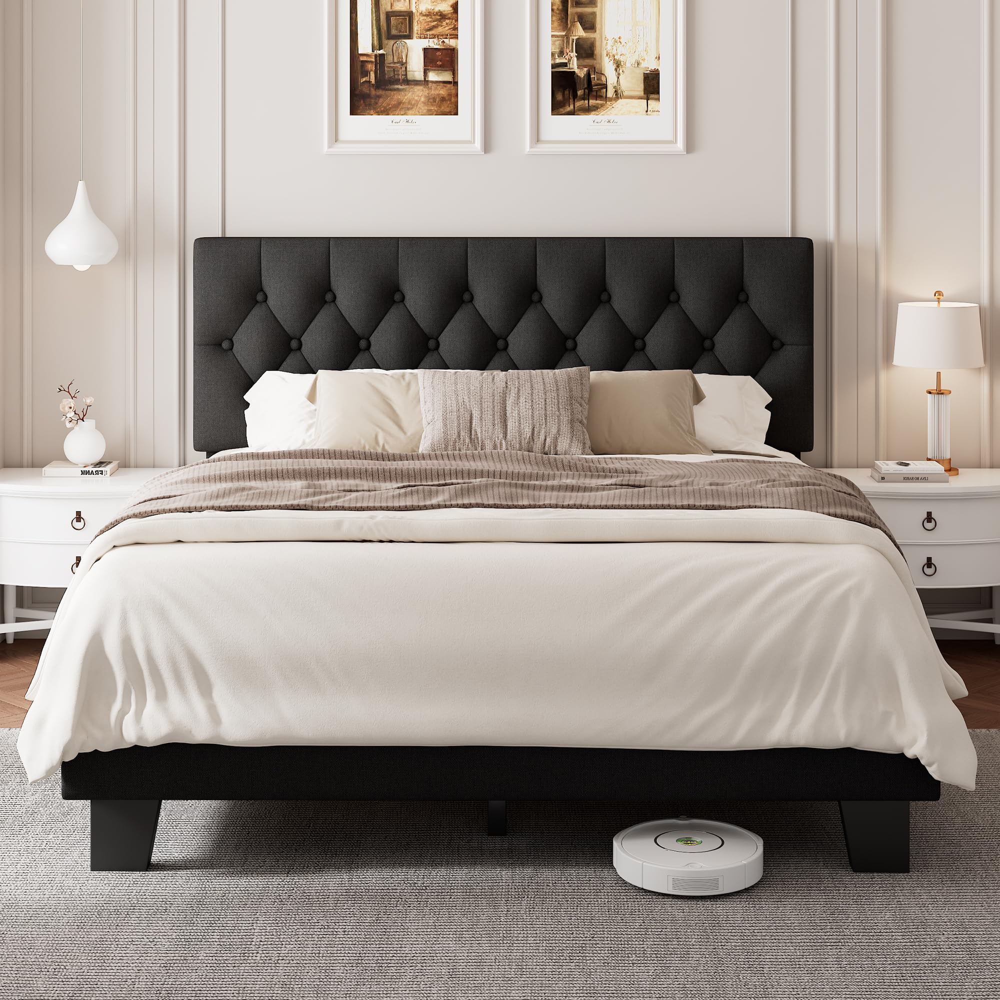 Velvet Bed Frame with Headboard, Button Tufted Upholstered Bed Base