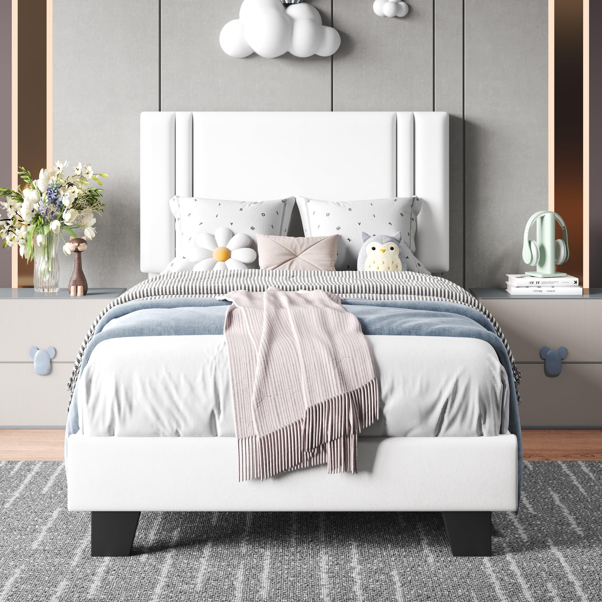 Upholstered Twin Size Bed Frame with Linen Fabric Headboard