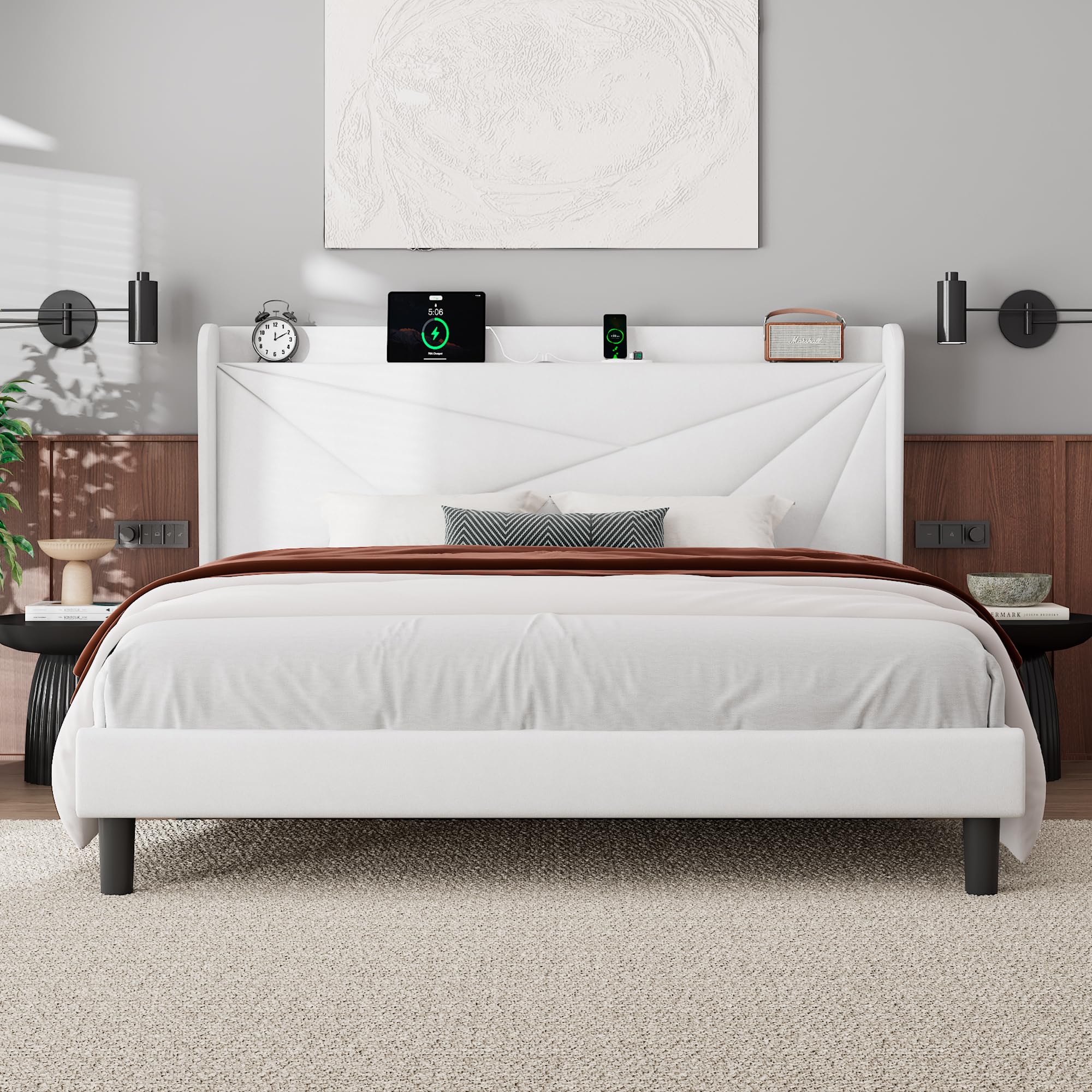 Feonase King Size Bed Frame, Modern Bed Frame with Charging Station
